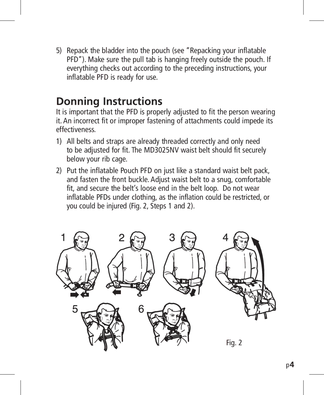 Mustang Survival MD3025NV manual Donning Instructions 