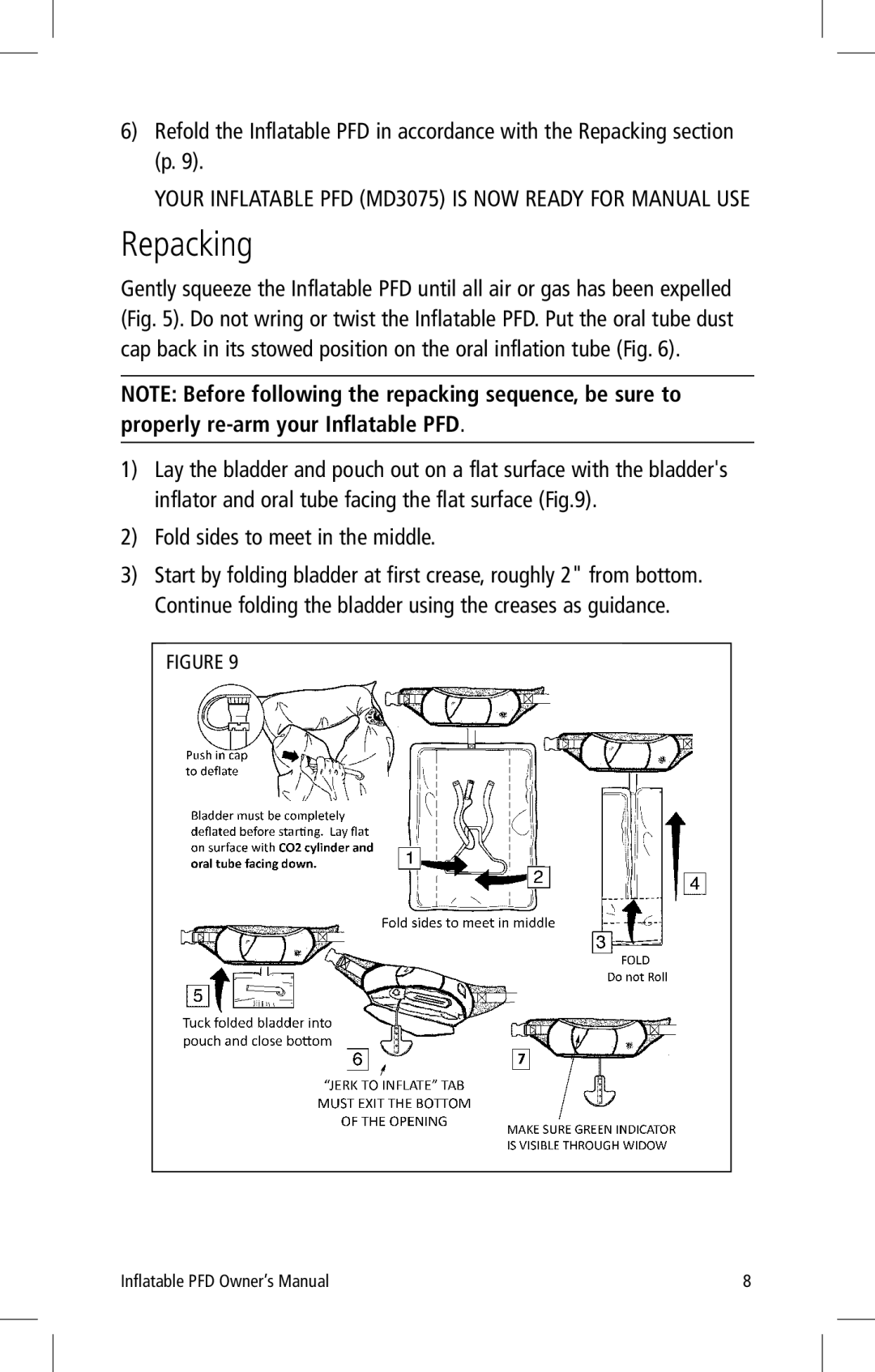 Mustang Survival MD3075 manual Repacking, Fold sides to meet in the middle 