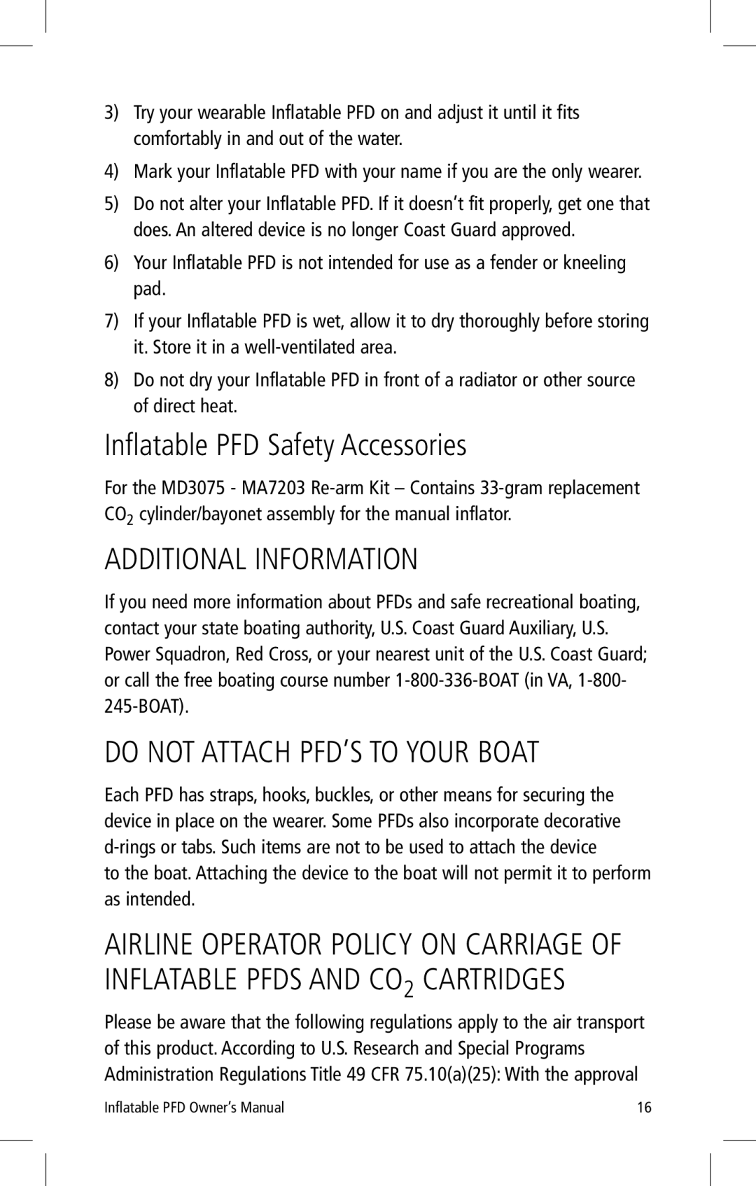 Mustang Survival MD3075 manual Inflatable PFD Safety Accessories, Additional Information, Do not Attach PFD’S to Your Boat 