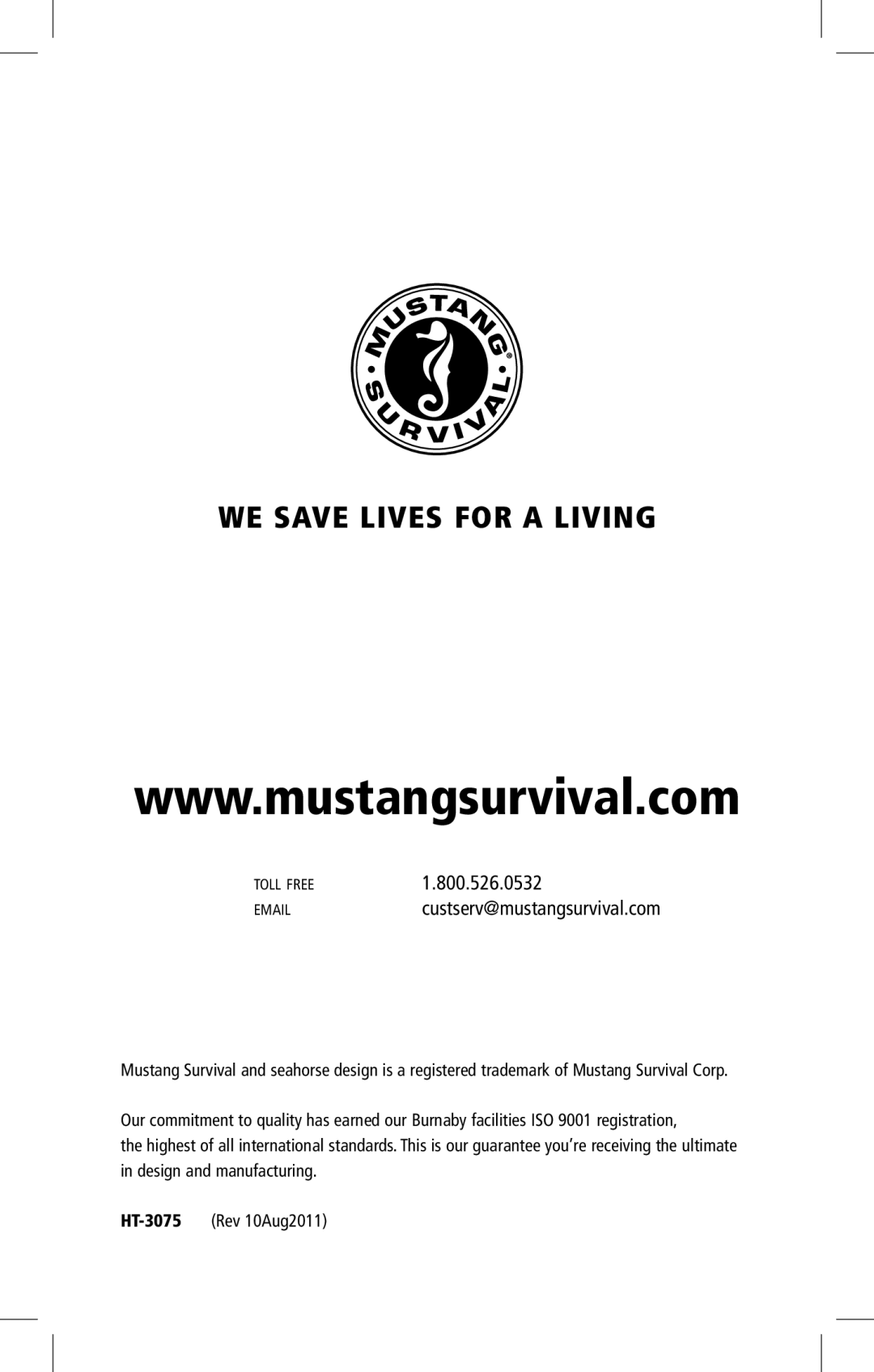 Mustang Survival MD3075 manual WE Save Lives for a Living 