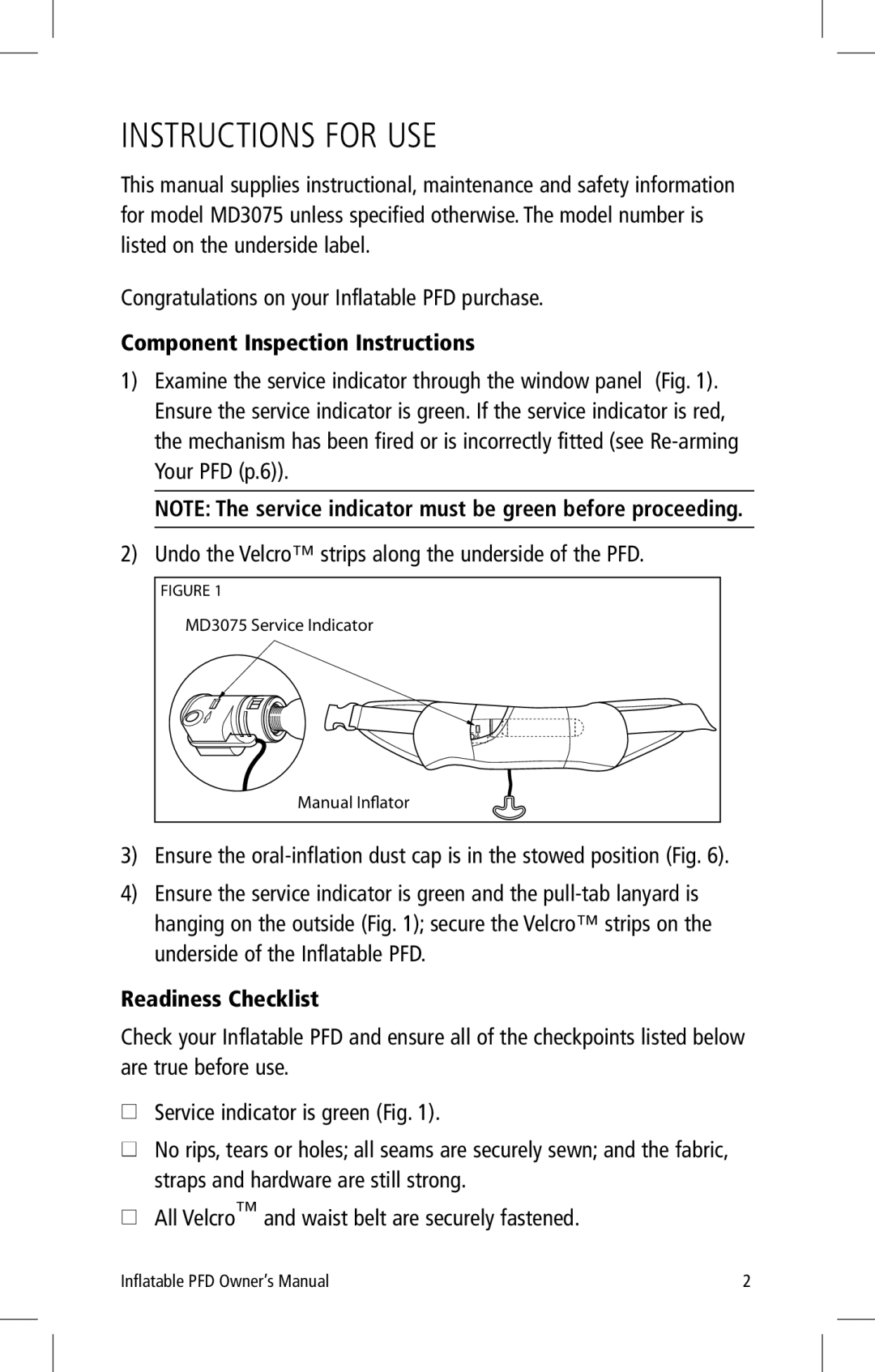 Mustang Survival MD3075 manual Instructions for USE, Component Inspection Instructions, Readiness Checklist 