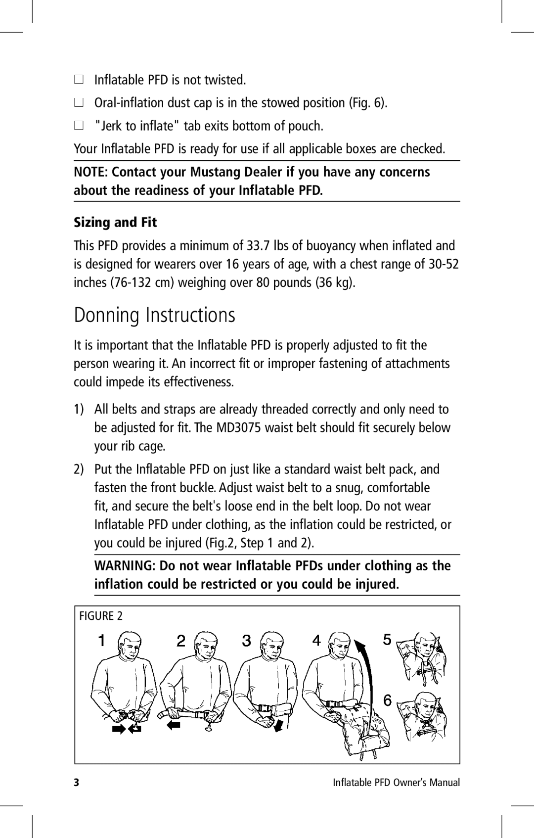 Mustang Survival MD3075 manual Donning Instructions, Inflatable PFD is not twisted, Sizing and Fit 