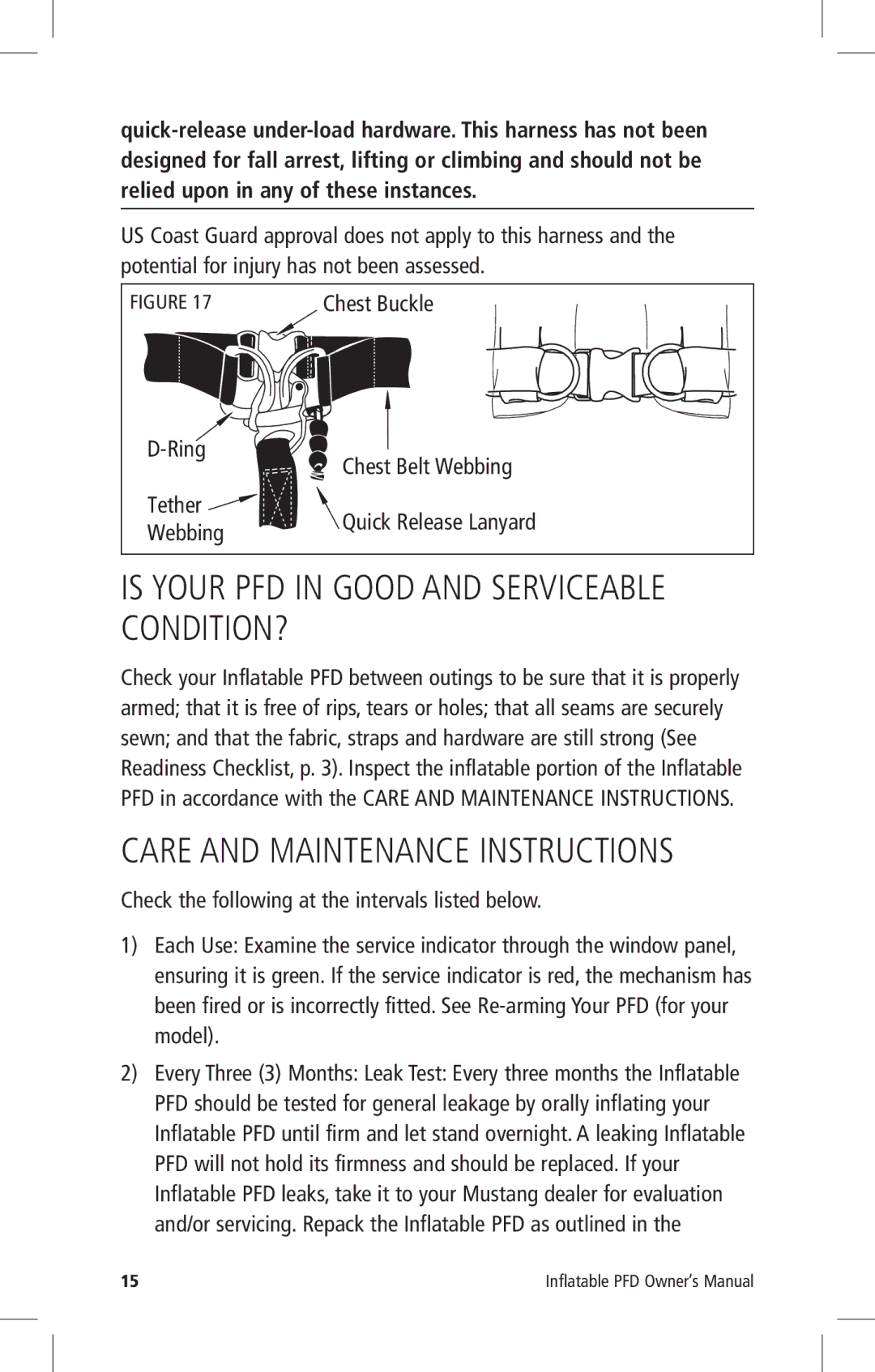 Mustang Survival MD3082 Is Your PFD in Good and Serviceable CONDITION?, Care and Maintenance Instructions, Tether, Webbing 