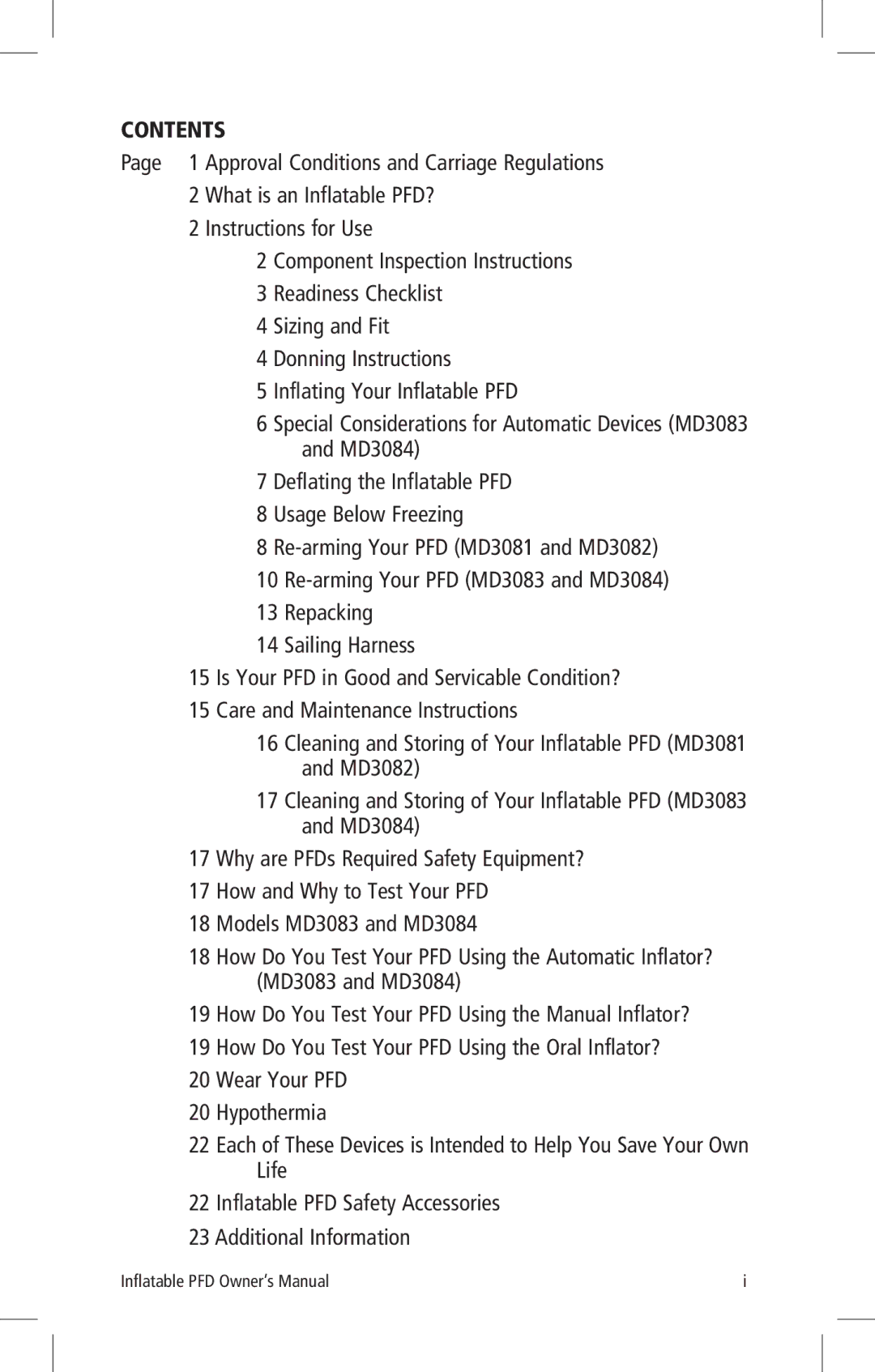 Mustang Survival MD3081, MD3084, MD3083, MD3082 manual Contents 