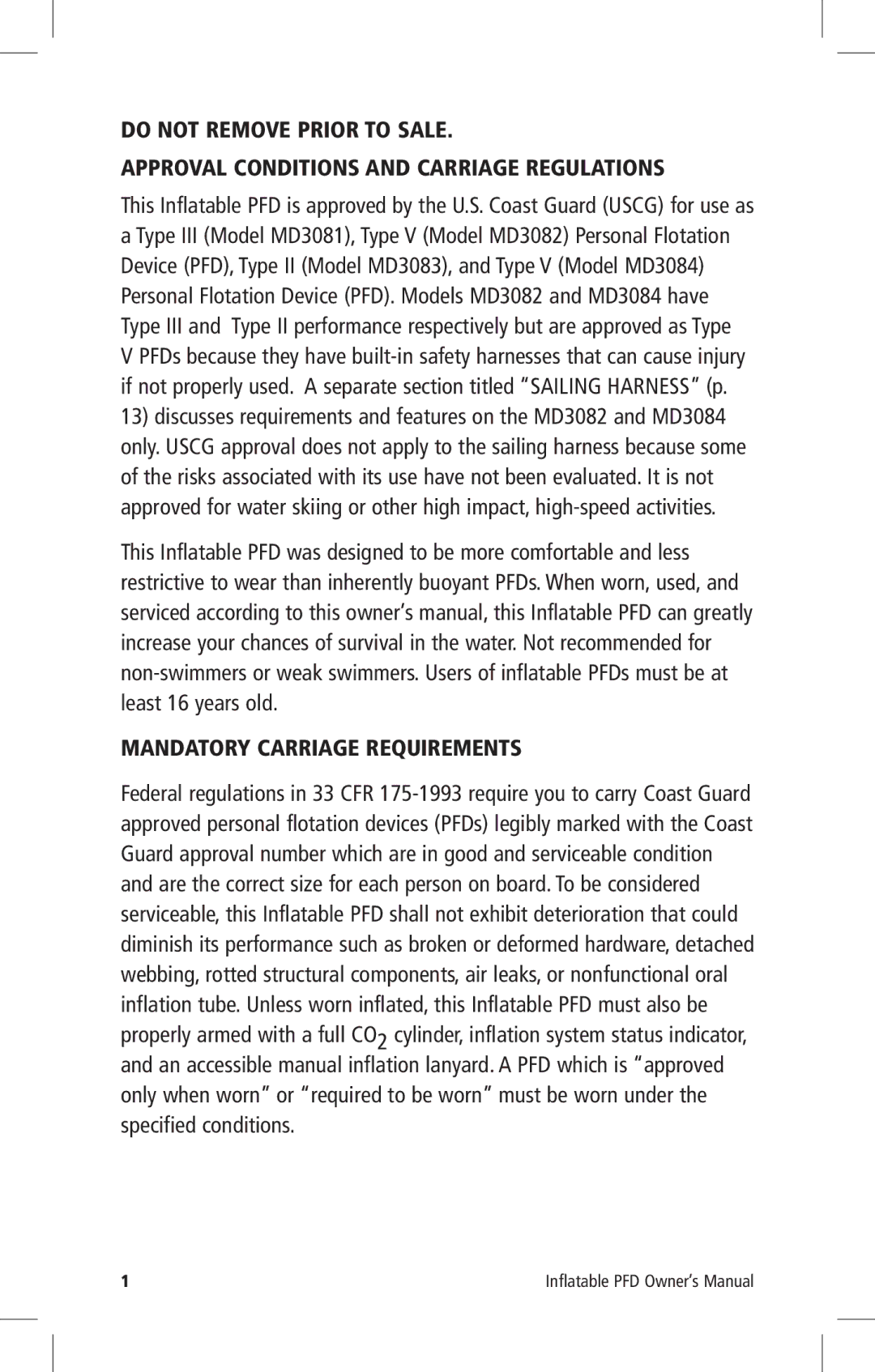 Mustang Survival MD3084, MD3083, MD3082, MD3081 manual Mandatory Carriage Requirements 