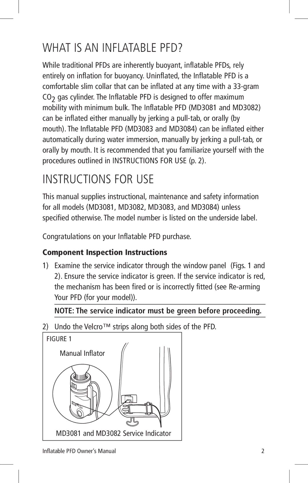 Mustang Survival MD3083 What is AN Inflatable PFD?, Instructions for USE, Congratulations on your Inflatable PFD purchase 