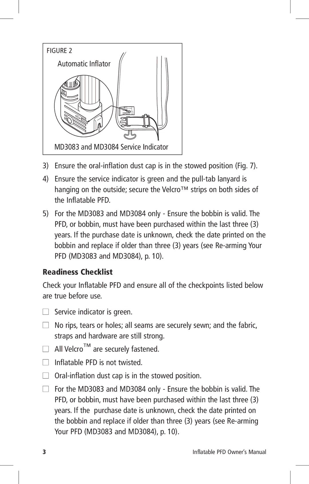 Mustang Survival MD3082, MD3084, MD3083, MD3081 manual Readiness Checklist, Oral-inflation dust cap is in the stowed position 