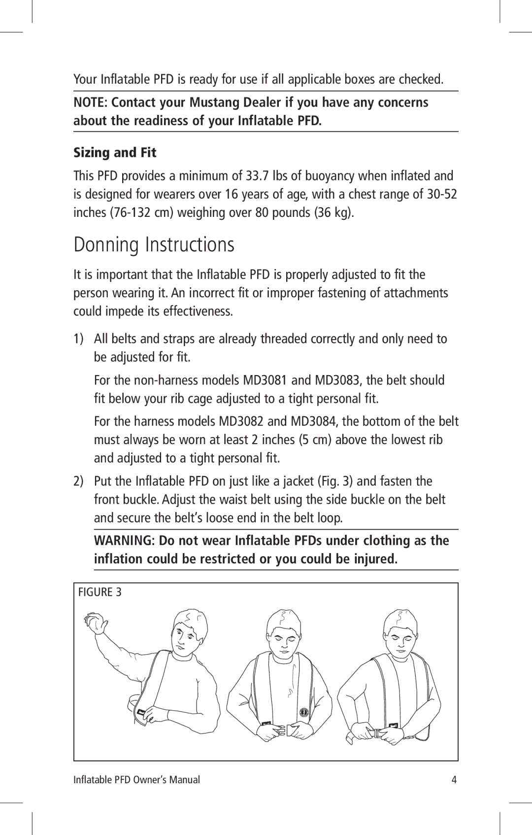 Mustang Survival MD3081, MD3084, MD3083, MD3082 manual Donning Instructions, Sizing and Fit 