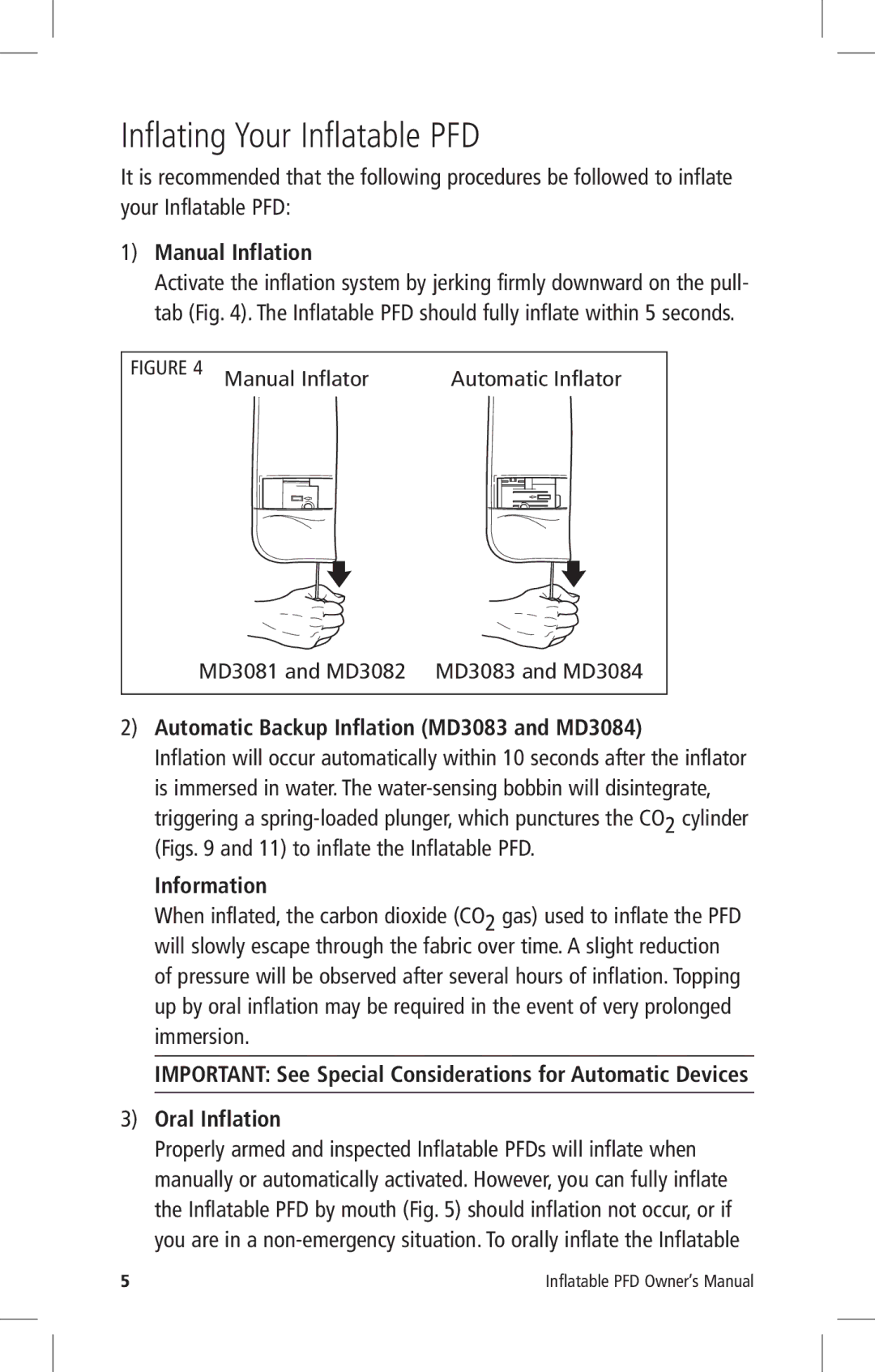 Mustang Survival MD3082 Inflating Your Inflatable PFD, Manual Inflation, Automatic Backup Inflation MD3083 and MD3084 