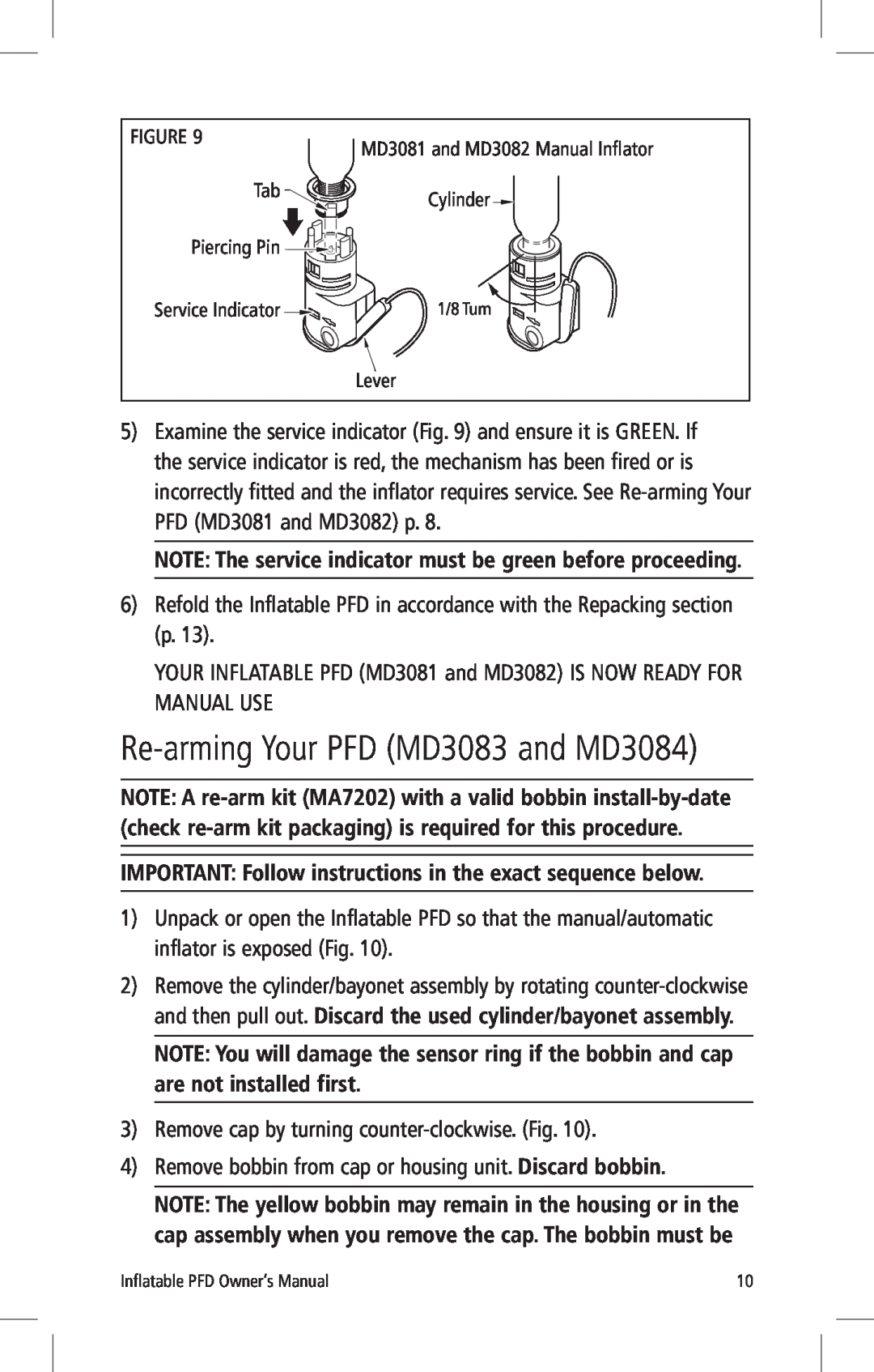 Mustang Survival manual Re-arming Your PFD MD3083 and MD3084, NOTE The service indicator must be green before proceeding 
