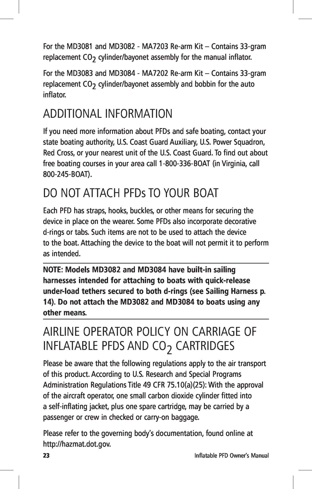 Mustang Survival MD3082, MD3084, MD3083, MD3081 manual Additional Information, DO NOT ATTACH PFDs TO YOUR BOAT 