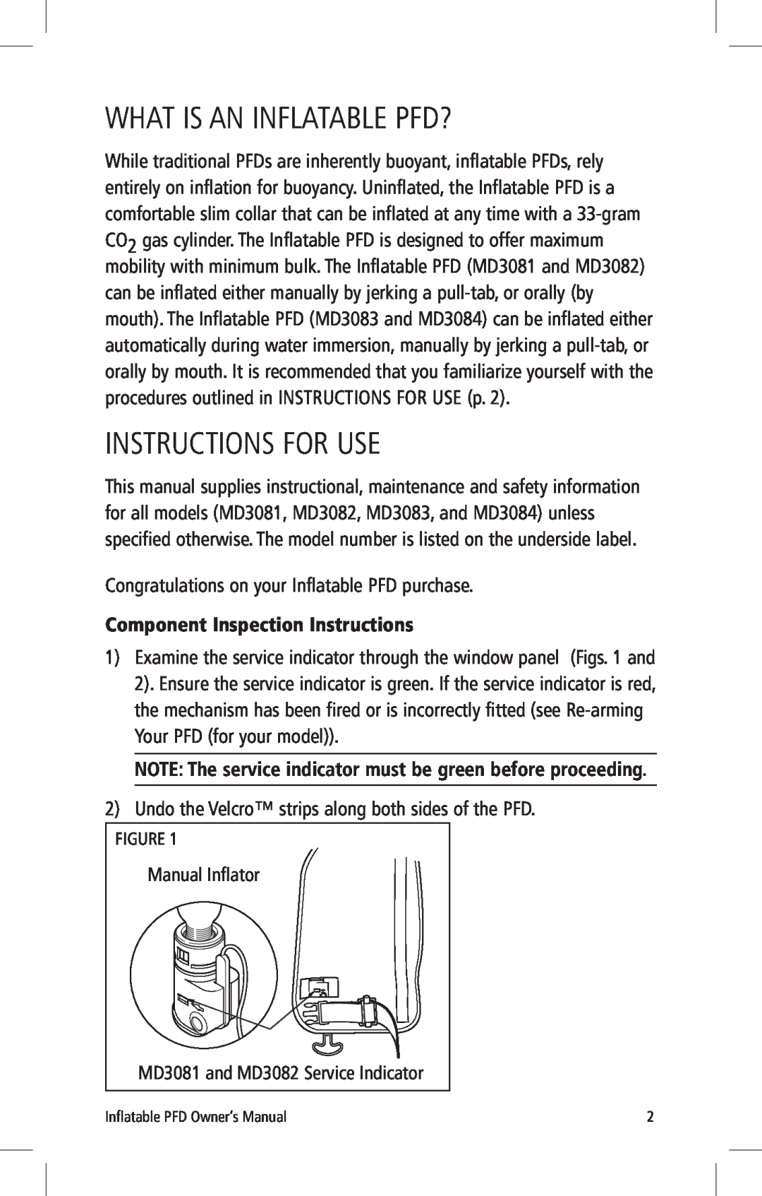 Mustang Survival MD3083, MD3084, MD3082 What Is An Inflatable Pfd?, Instructions For Use, Component Inspection Instructions 