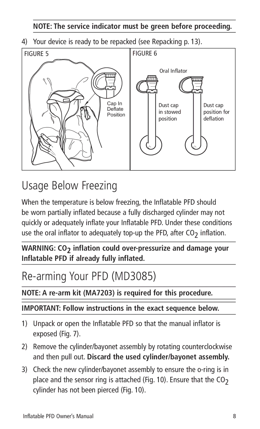 Mustang Survival MD3087 manual Usage Below Freezing, Re-arming Your PFD MD3085 