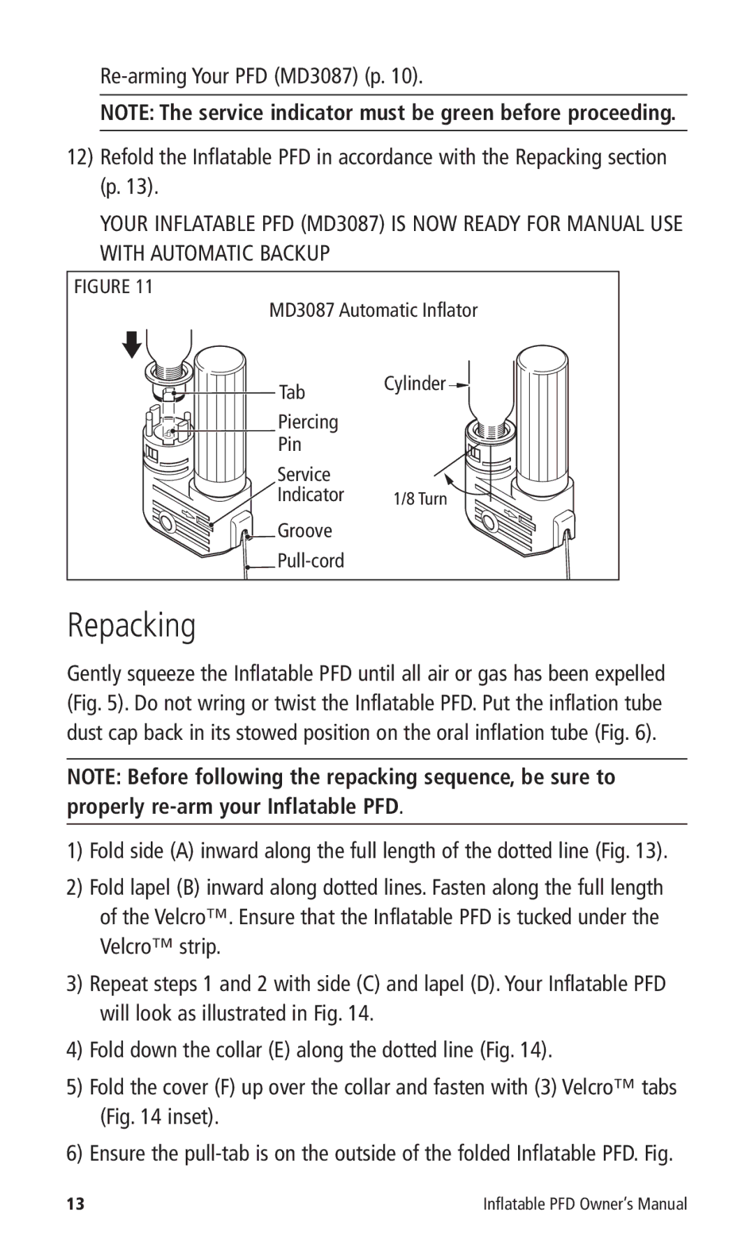 Mustang Survival MD3085, MD3087 manual Repacking 