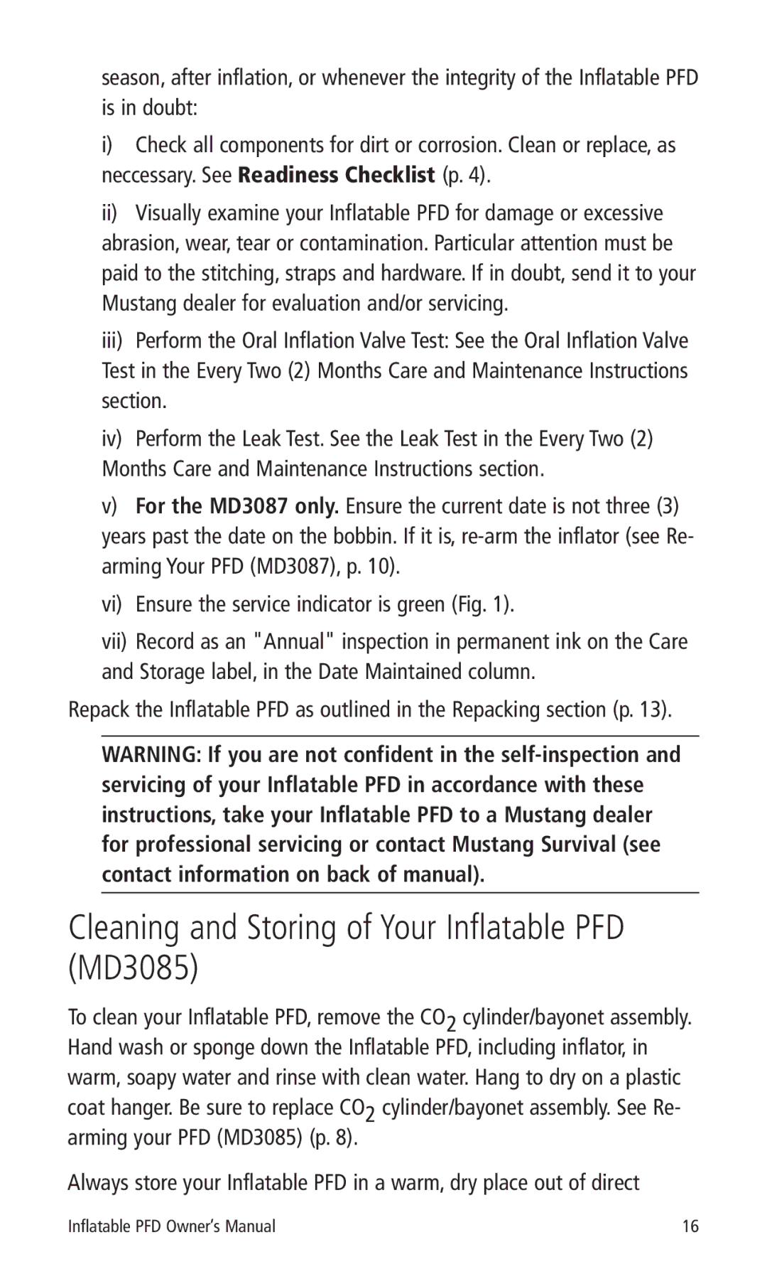 Mustang Survival MD3087 manual Cleaning and Storing of Your Inflatable PFD MD3085 