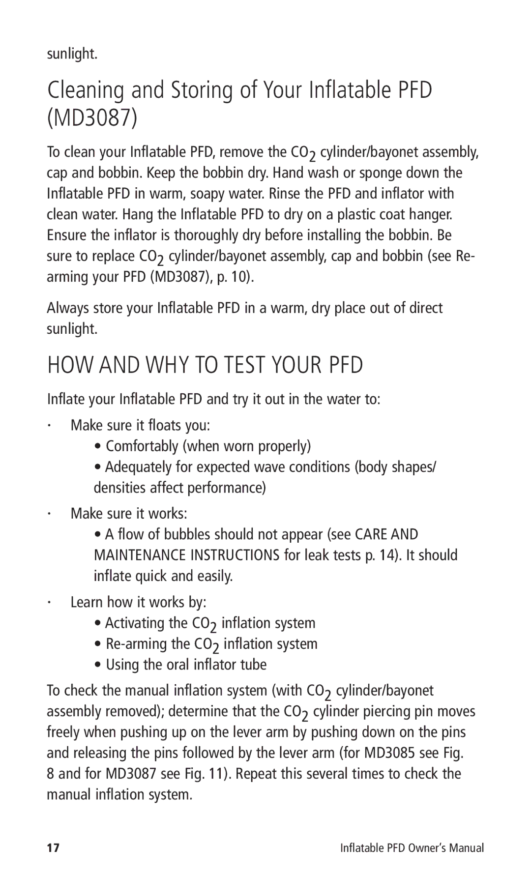 Mustang Survival MD3085 manual Cleaning and Storing of Your Inflatable PFD MD3087, HOW and WHY to Test Your PFD 