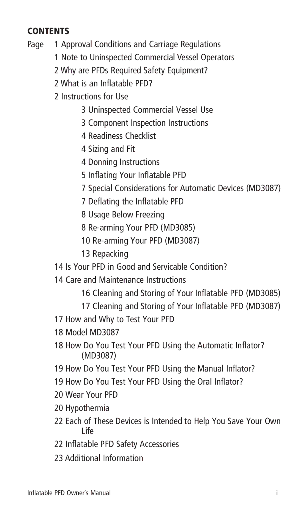 Mustang Survival MD3087, MD3085 manual Contents 