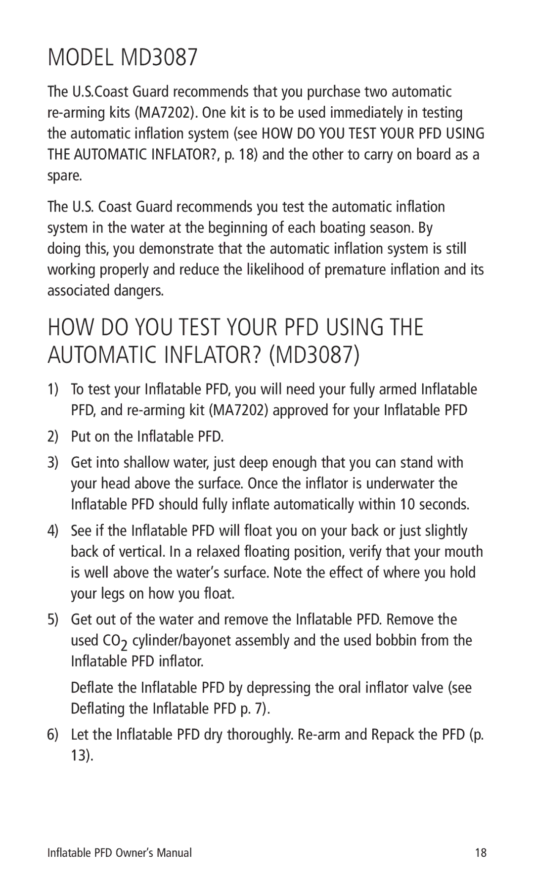 Mustang Survival MD3085 manual Model MD3087, Put on the Inflatable PFD 