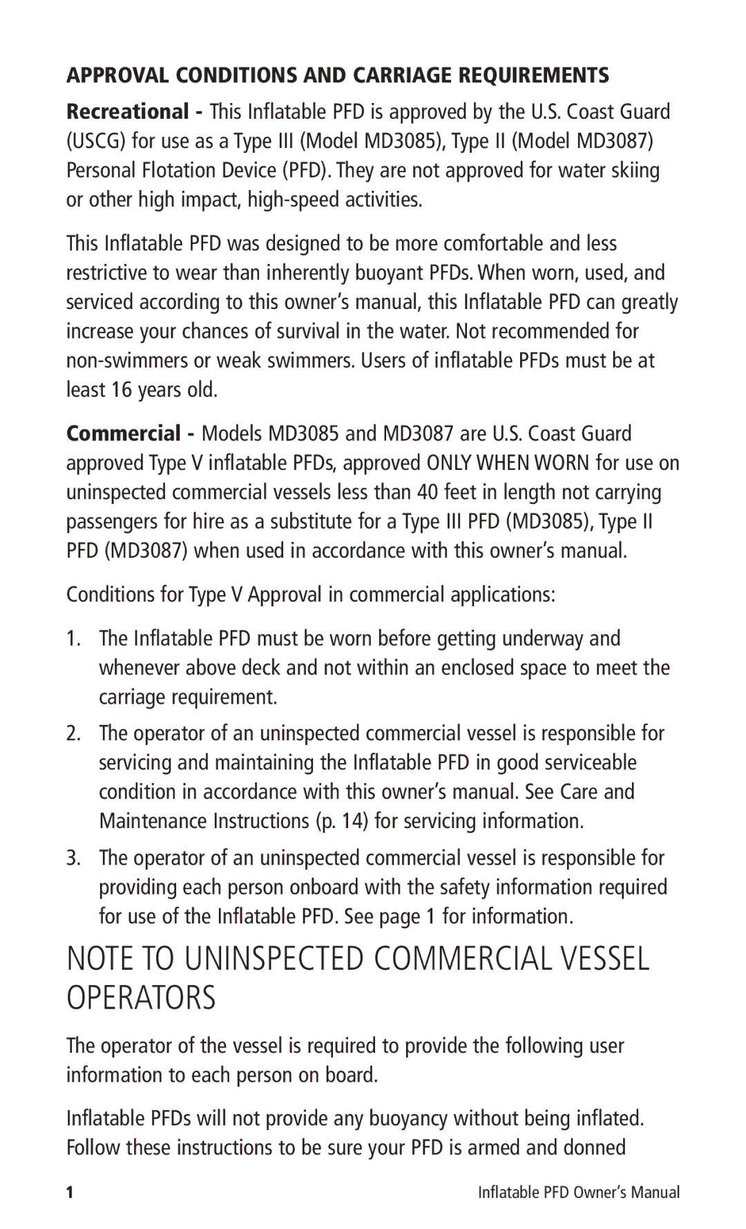 Mustang Survival MD3085, MD3087 manual Approval Conditions and Carriage Requirements 