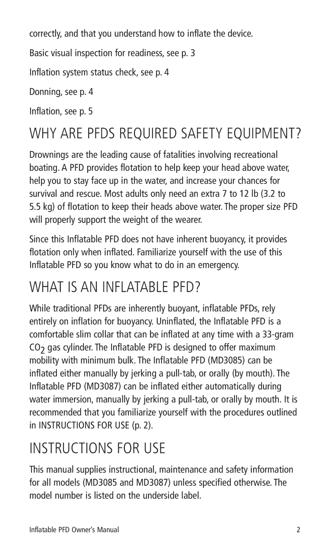 Mustang Survival MD3087, MD3085 manual What is AN Inflatable PFD?, Instructions for USE 