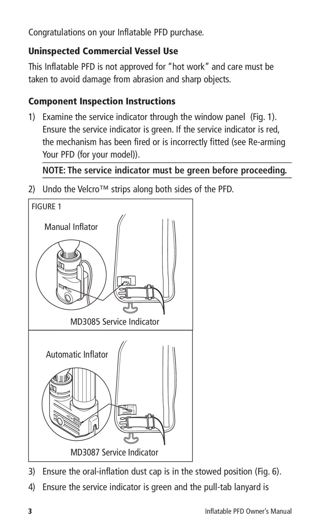 Mustang Survival MD3085, MD3087 manual Uninspected Commercial Vessel Use, Component Inspection Instructions 