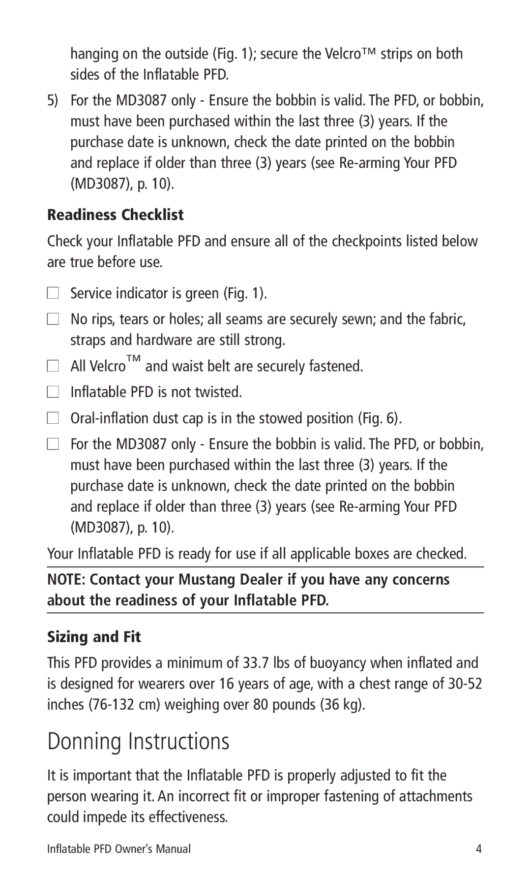 Mustang Survival MD3087, MD3085 manual Donning Instructions, Readiness Checklist, Sizing and Fit 