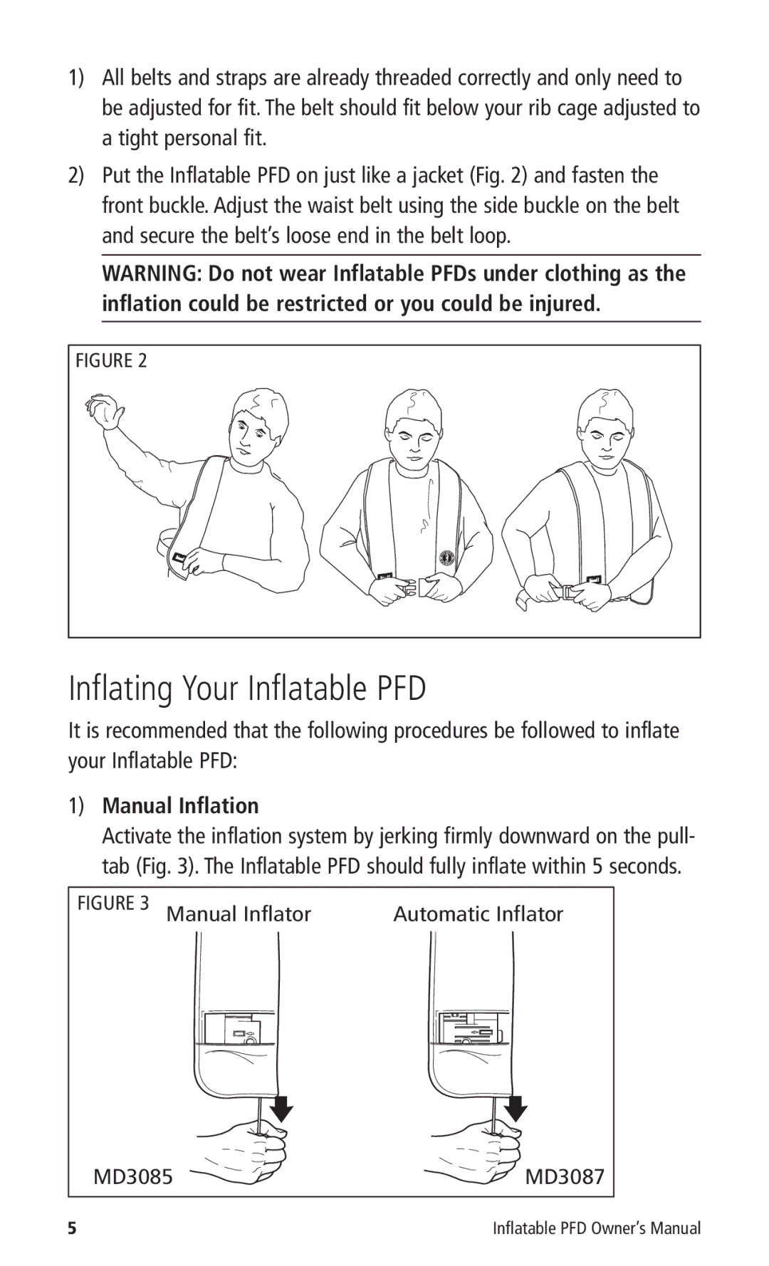 Mustang Survival MD3085, MD3087 manual Inflating Your Inflatable PFD, Manual Inflation 