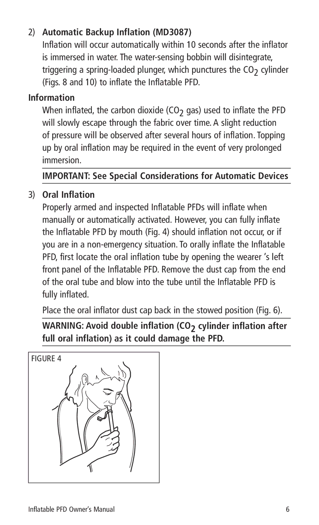 Mustang Survival MD3085 manual Automatic Backup Inflation MD3087, Information, Oral Inflation 