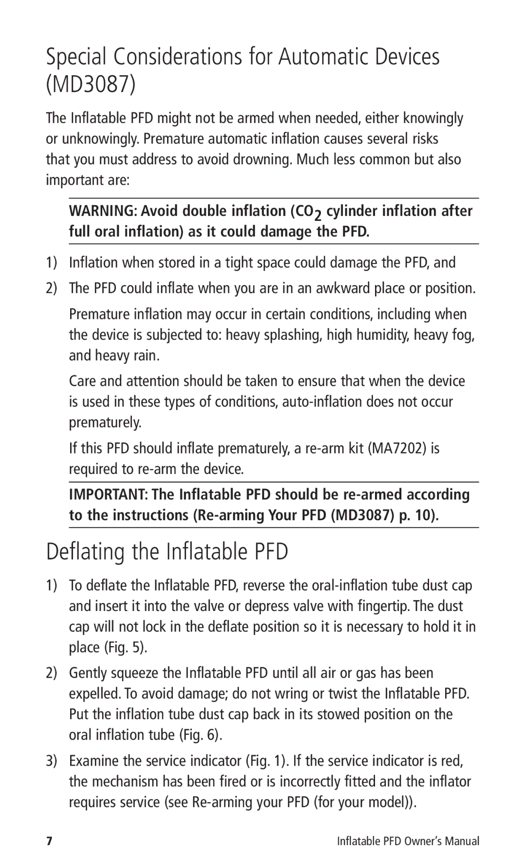 Mustang Survival MD3085 manual Special Considerations for Automatic Devices MD3087, Deflating the Inflatable PFD 