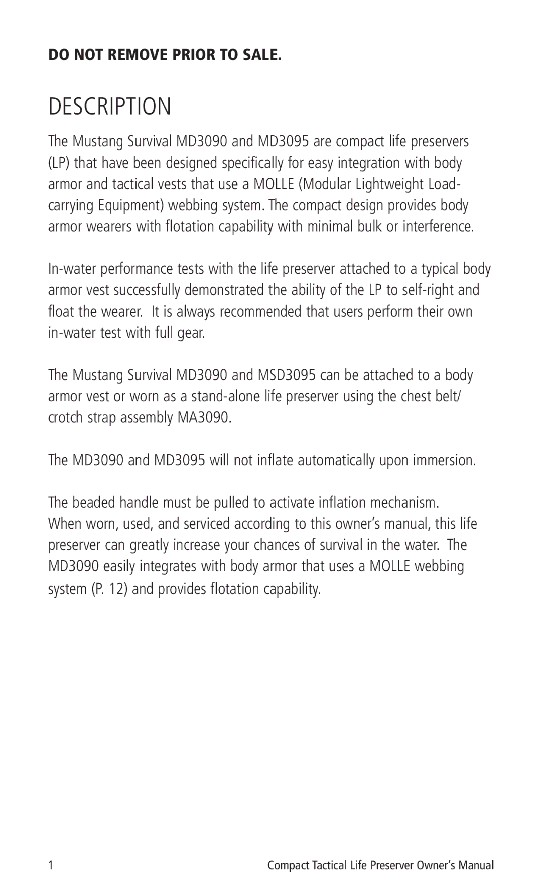 Mustang Survival MD3095, MD3090 manual Description 