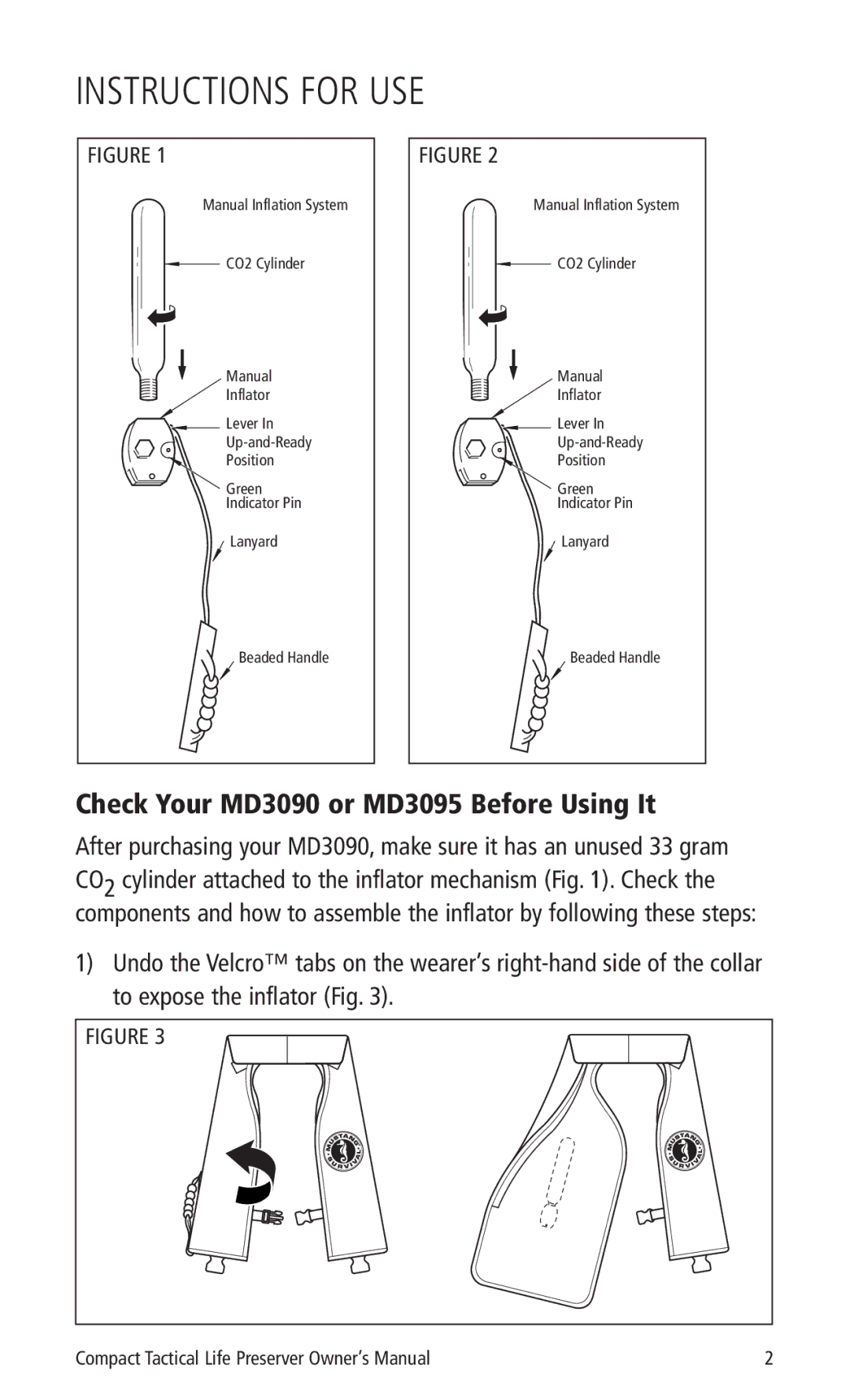 Mustang Survival manual Instructions for USE, Check Your MD3090 or MD3095 Before Using It 