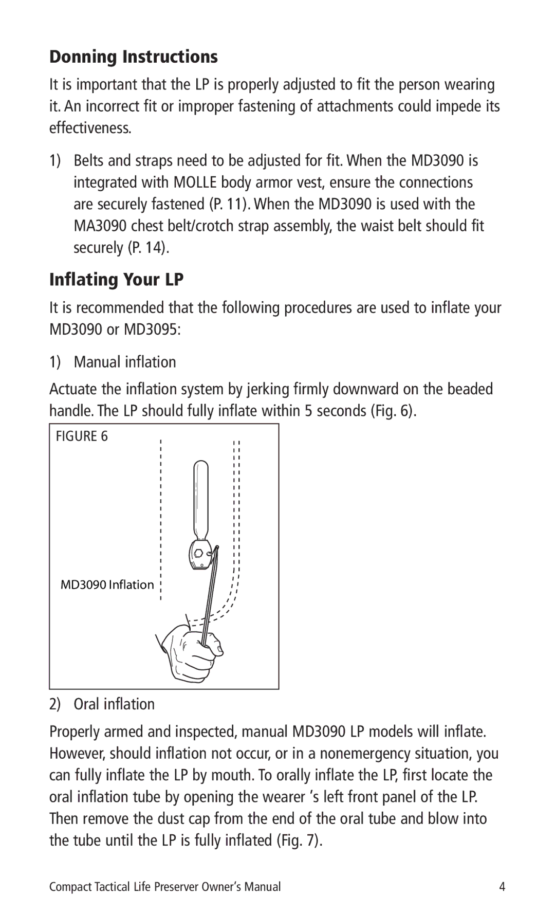 Mustang Survival MD3090, MD3095 manual Donning Instructions, Inflating Your LP, Oral inflation 