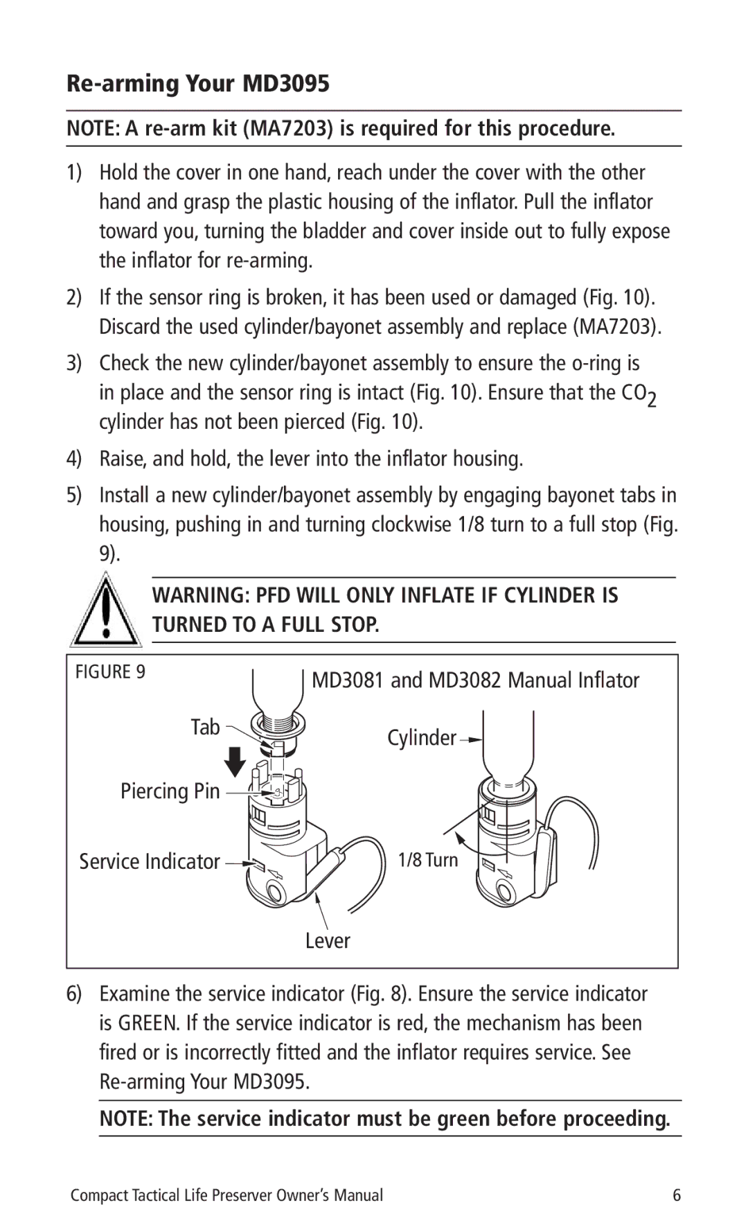 Mustang Survival MD3090 manual Re-arming Your MD3095, Tab Cylinder Piercing Pin, Lever 