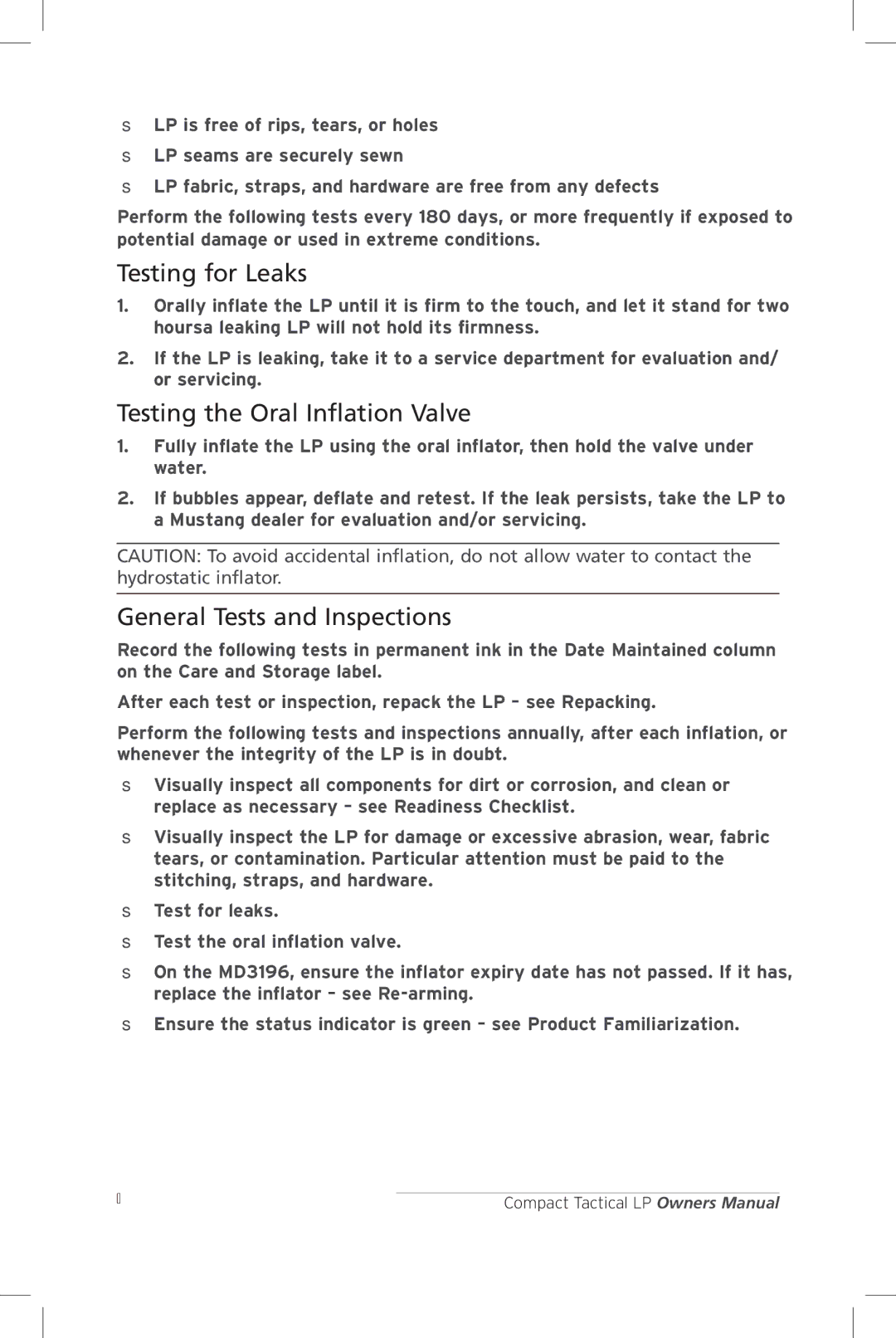 Mustang Survival MD3196, MD3091 manual Testing for Leaks, Testing the Oral Inflation Valve, General Tests and Inspections 