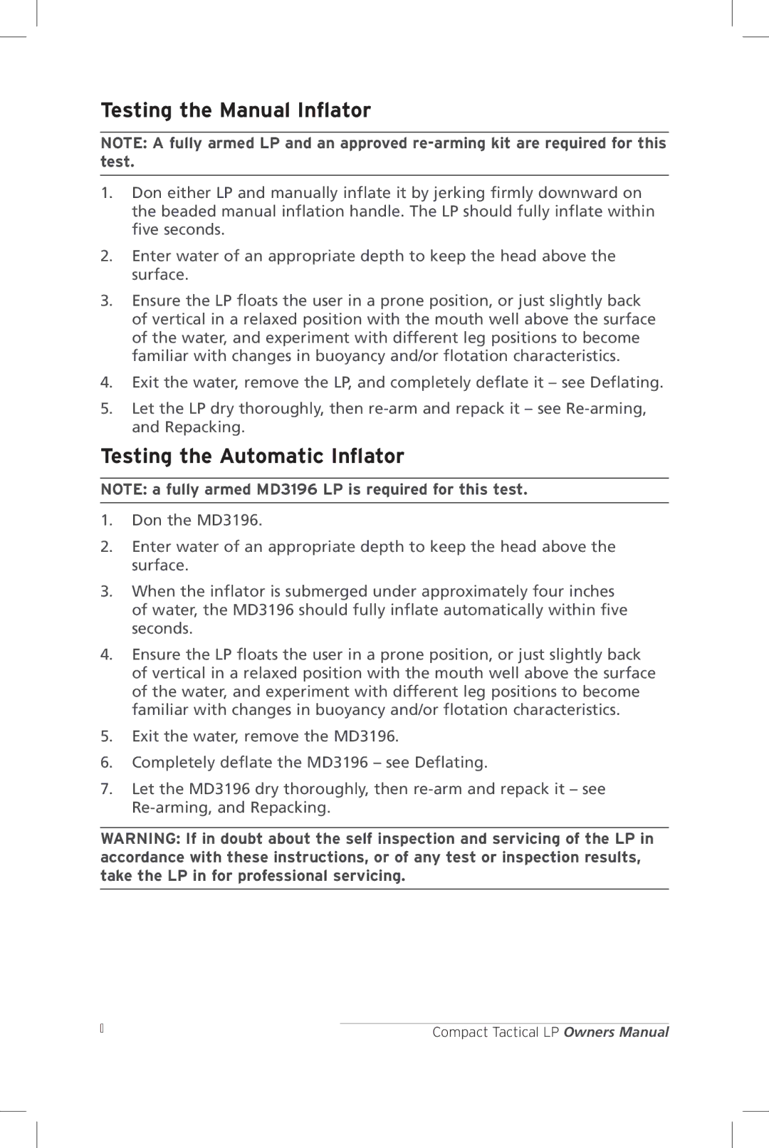 Mustang Survival MD3091, MD3196 manual Testing the Manual Inflator, Testing the Automatic Inflator 