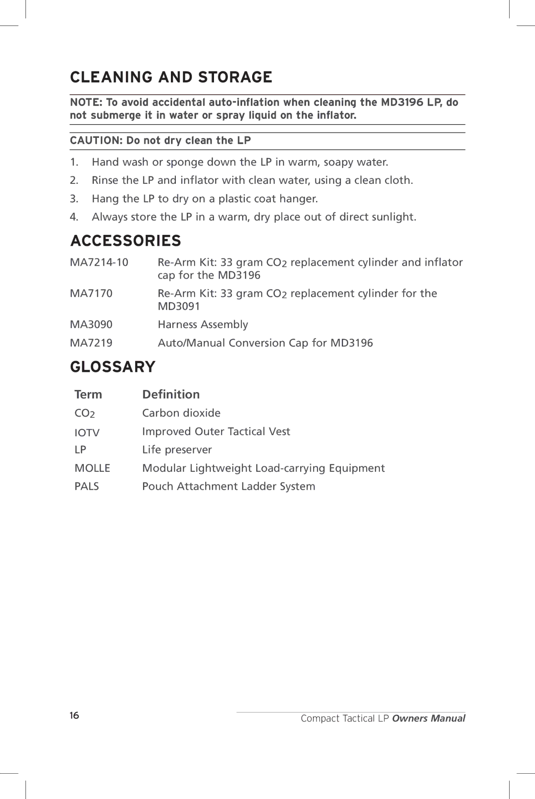 Mustang Survival MD3196, MD3091 manual Cleaning and Storage, Accessories 