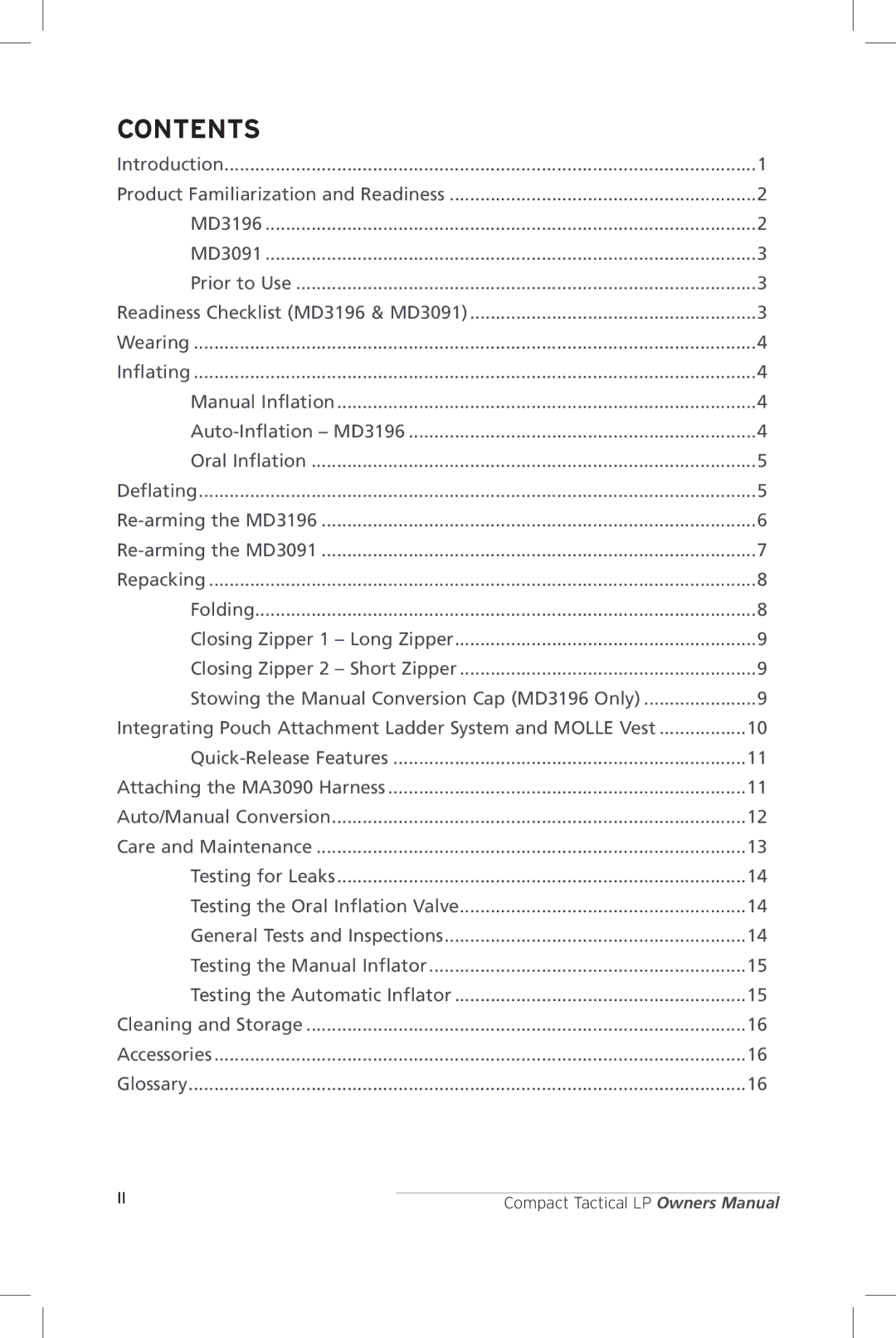 Mustang Survival MD3196, MD3091 manual Contents 