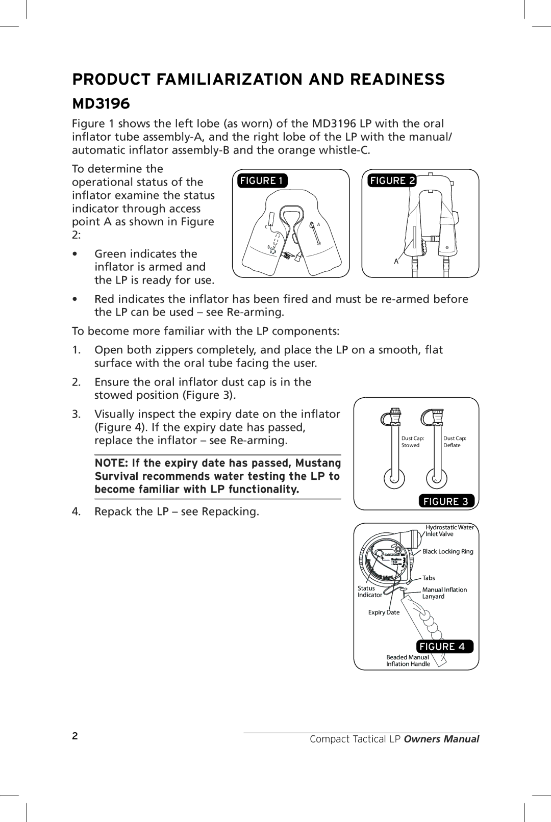 Mustang Survival MD3196, MD3091 manual Product Familiarization and Readiness 