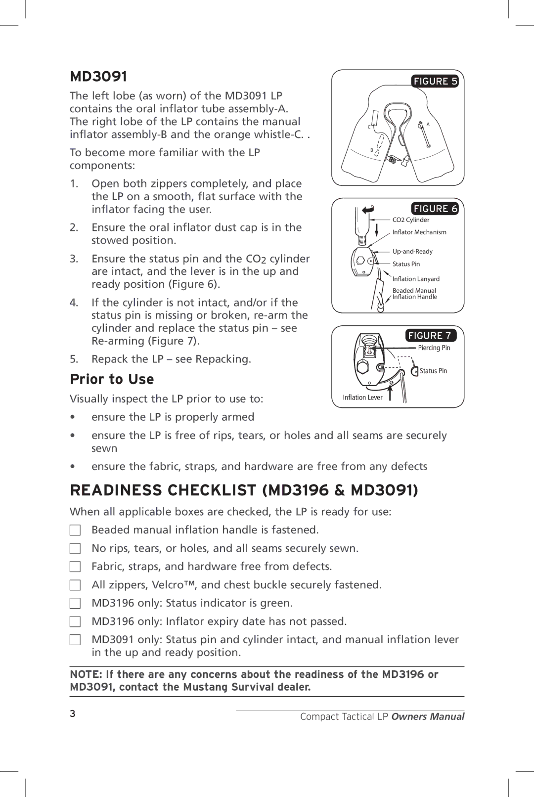 Mustang Survival manual Readiness Checklist MD3196 & MD3091, Prior to Use 