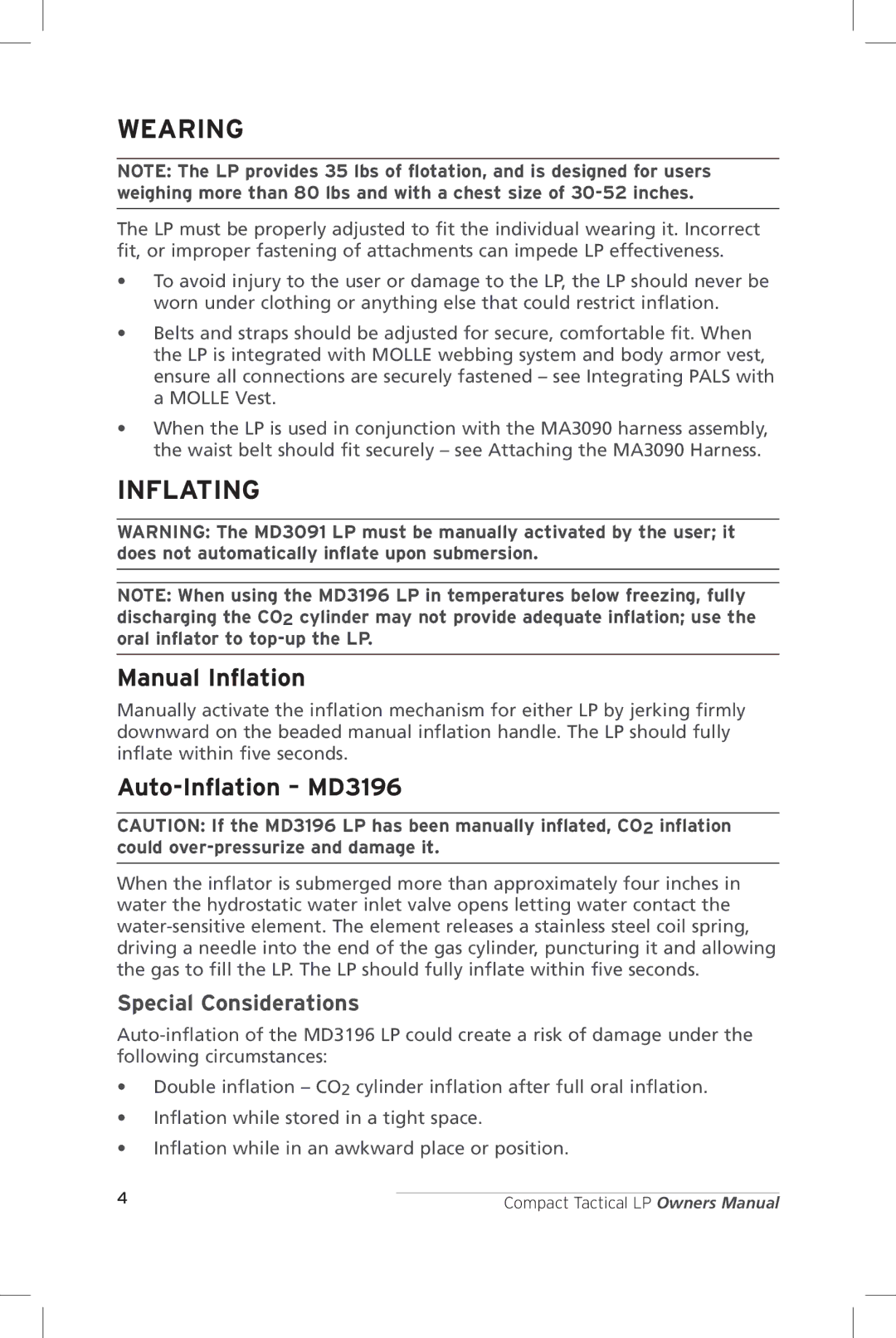 Mustang Survival MD3091 manual Wearing, Inflating, Manual Inflation, Auto-Inflation MD3196 