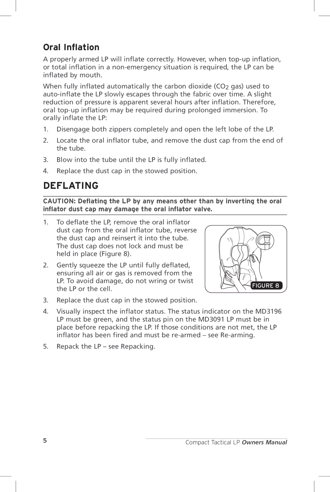 Mustang Survival MD3091, MD3196 manual Deflating, Oral Inflation 