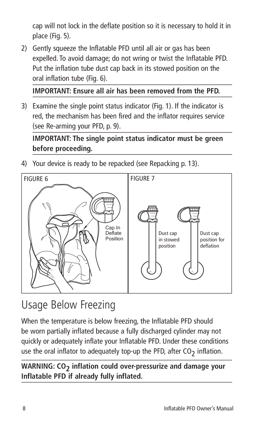 Mustang Survival MD3184, MD3183 manual Usage Below Freezing, Important Ensure all air has been removed from the PFD 