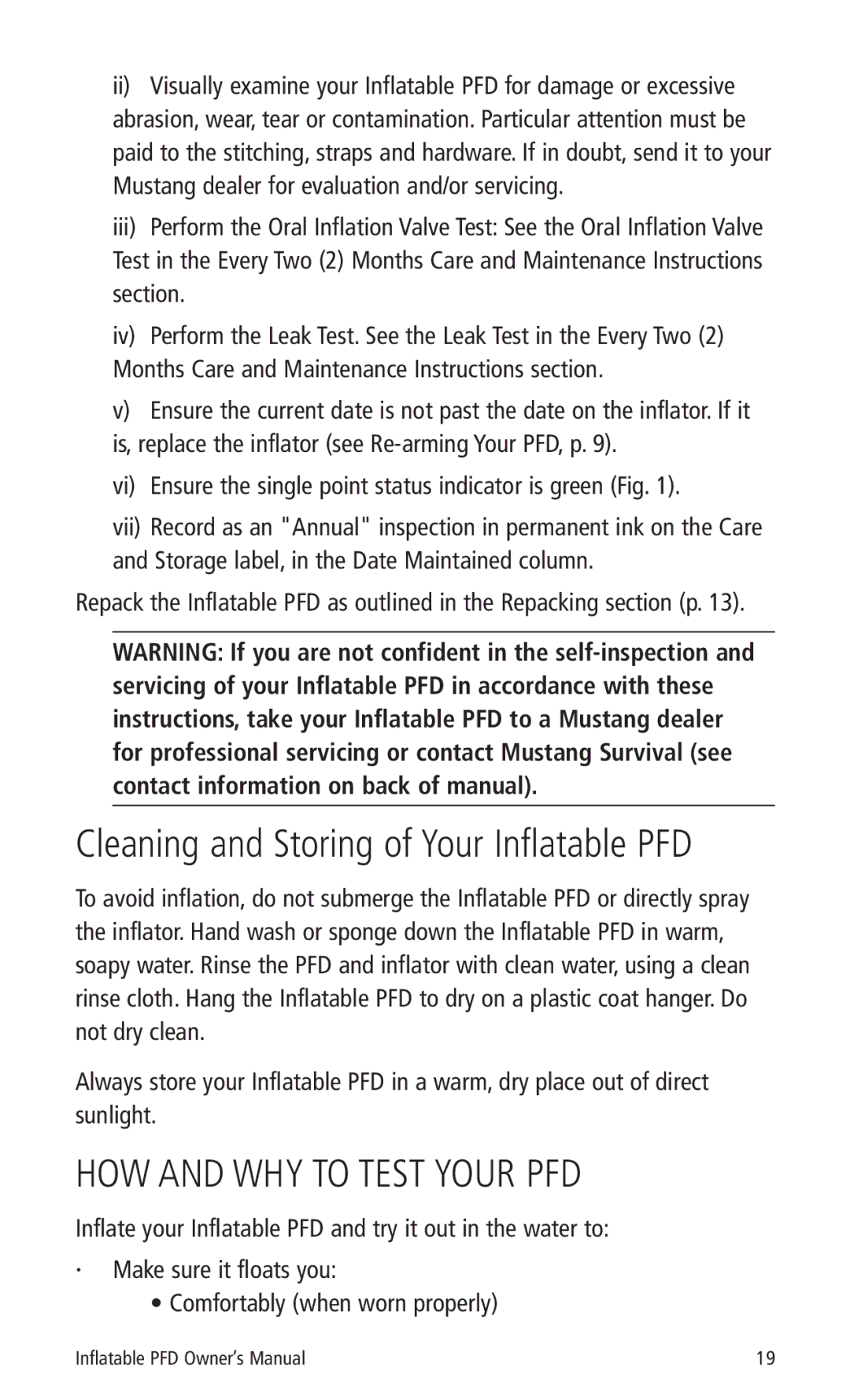 Mustang Survival MD3183, MD3184 manual Cleaning and Storing of Your Inflatable PFD, HOW and WHY to Test Your PFD 