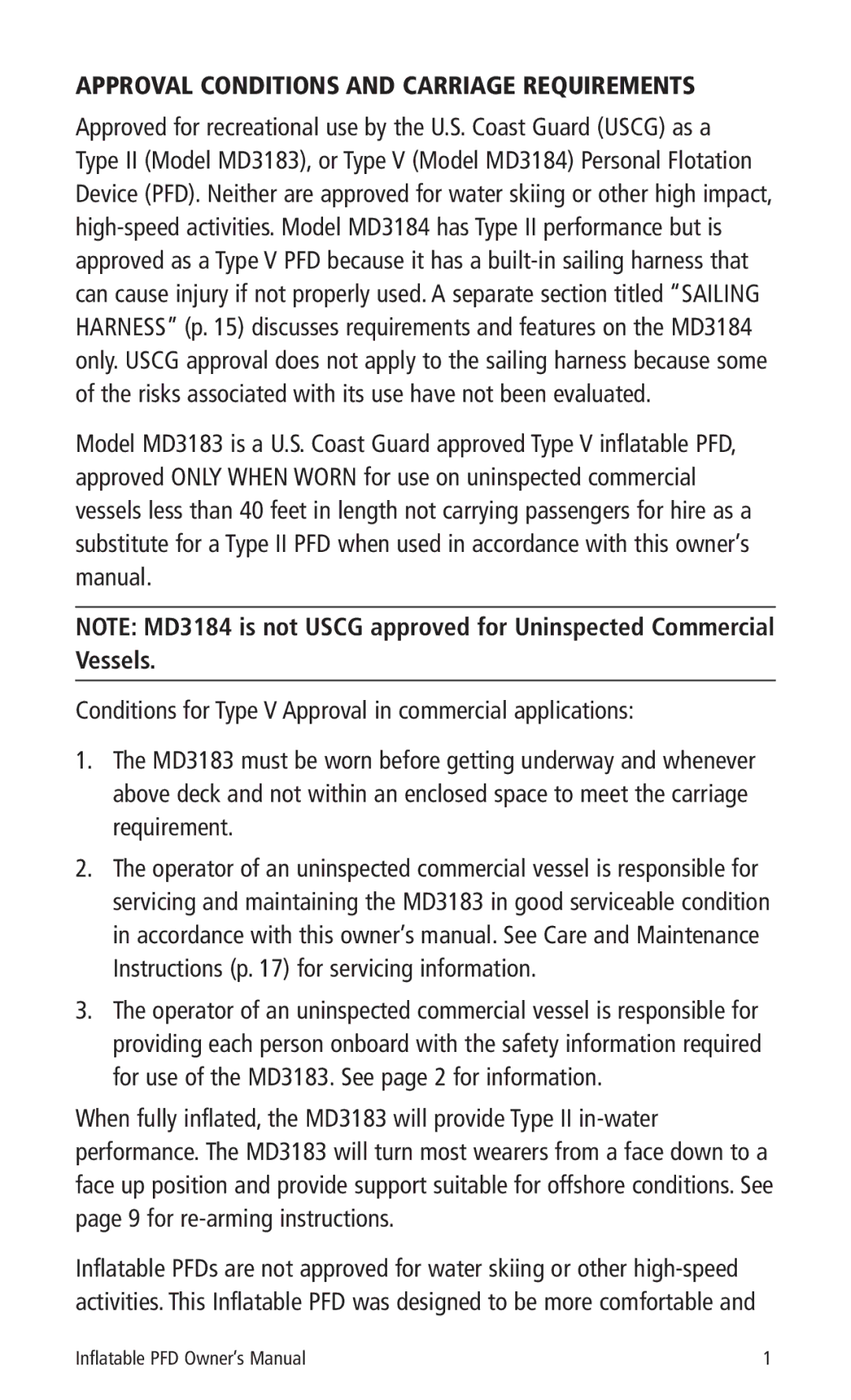 Mustang Survival MD3183, MD3184 manual Approval Conditions and Carriage Requirements 