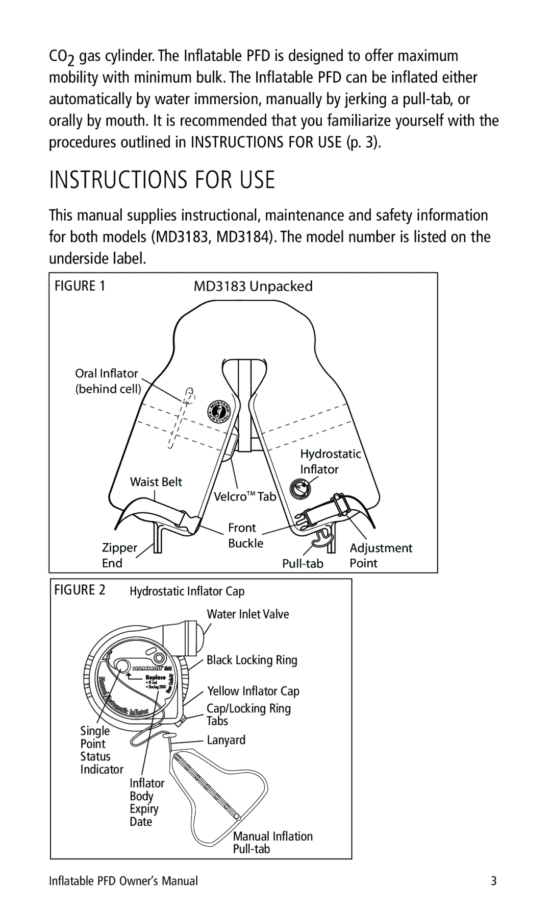 Mustang Survival MD3184 manual Instructions for USE, MD3183 Unpacked 