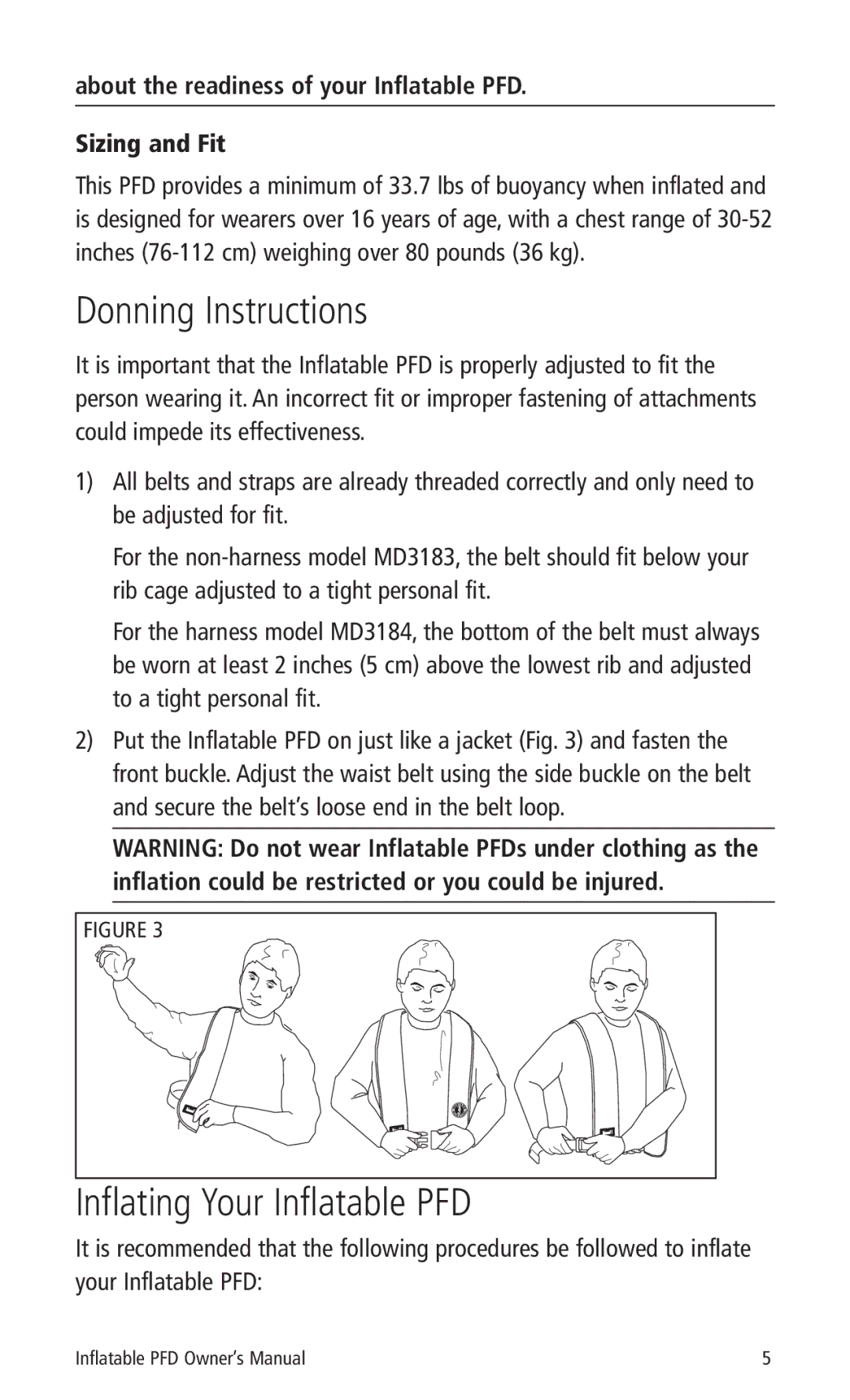 Mustang Survival MD3183, MD3184 manual Donning Instructions, Inflating Your Inflatable PFD 