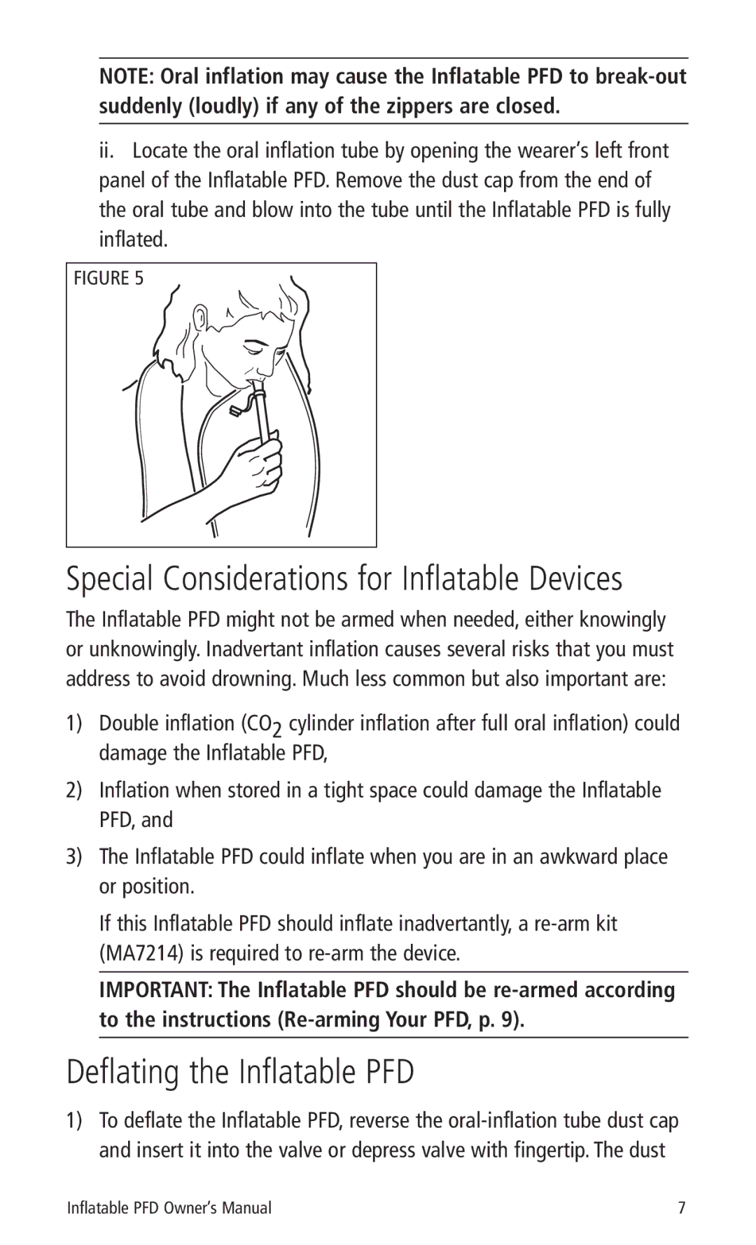 Mustang Survival MD3183, MD3184 manual Deflating the Inflatable PFD, Special Considerations for Inflatable Devices 