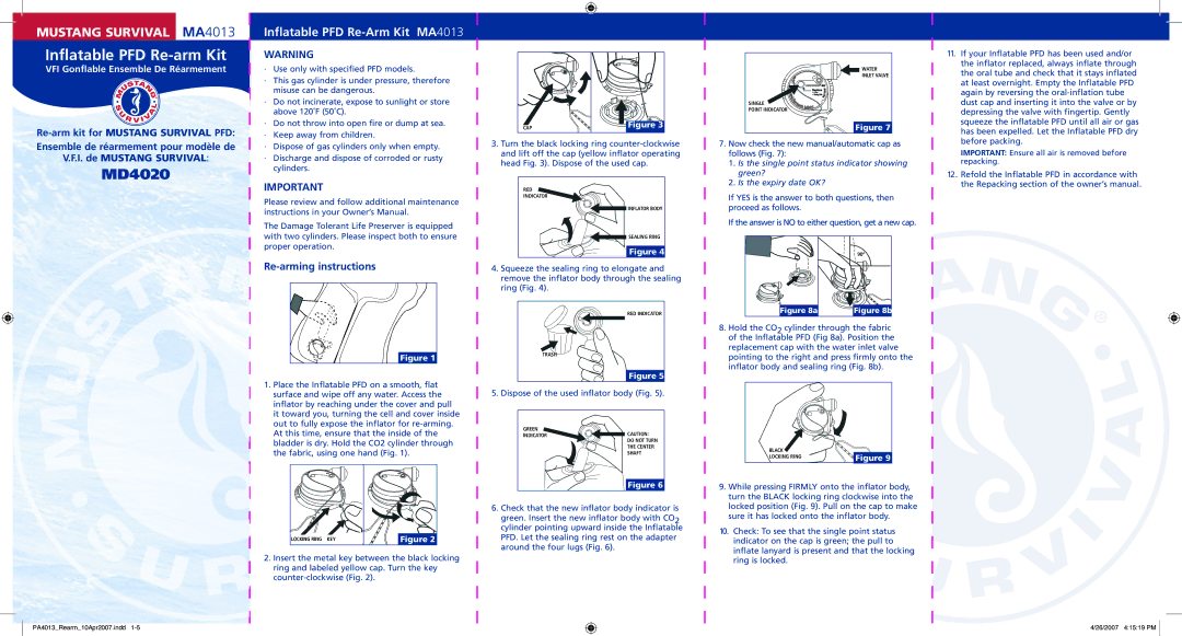 Mustang Survival MD4020 manual Inflatable PFD Re-arm Kit, I. de Mustang Survival, Re-arming instructions 