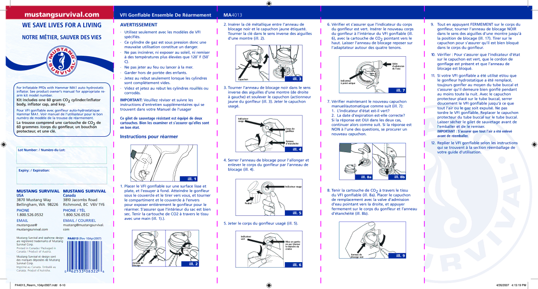 Mustang Survival MD4020 manual Mustangsurvival.com, Instructions pour réarmer 