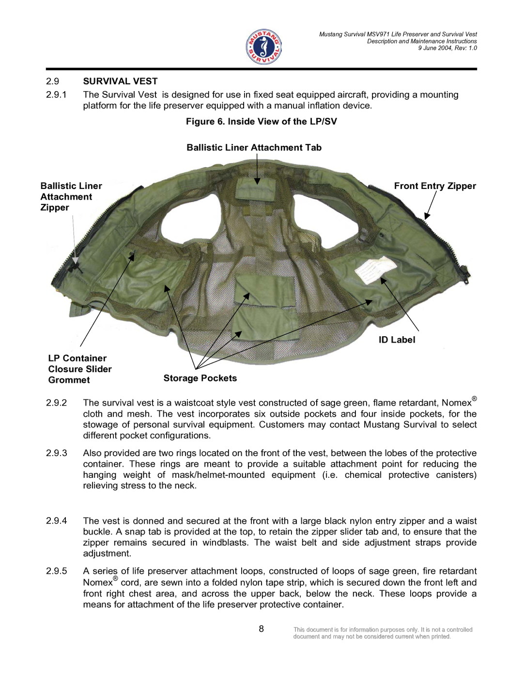 Mustang Survival MSV971 manual Survival Vest, Grommet 